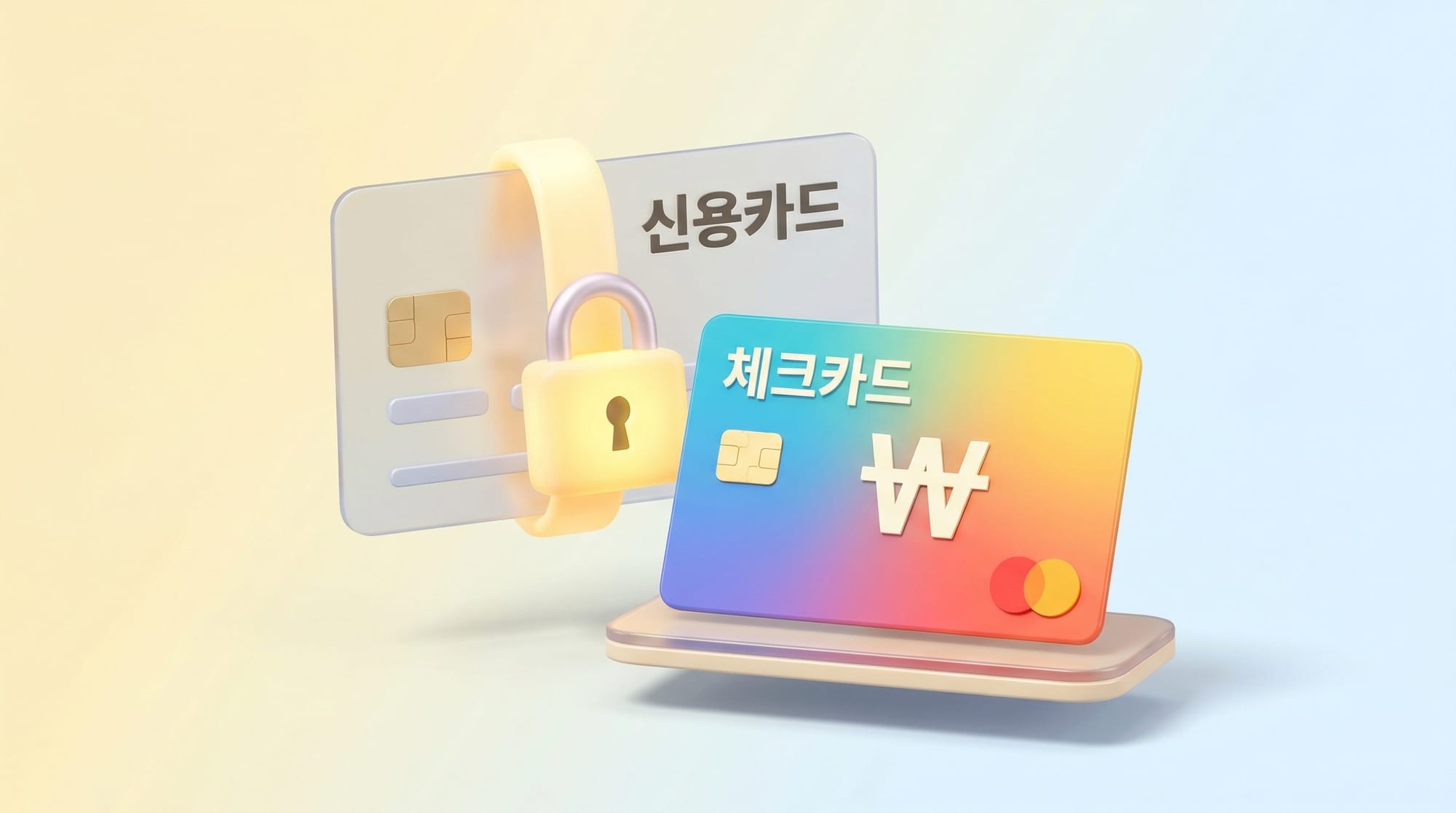 자물쇠로 잠긴 신용카드와 자유롭게 놓인 체크카드의 비교