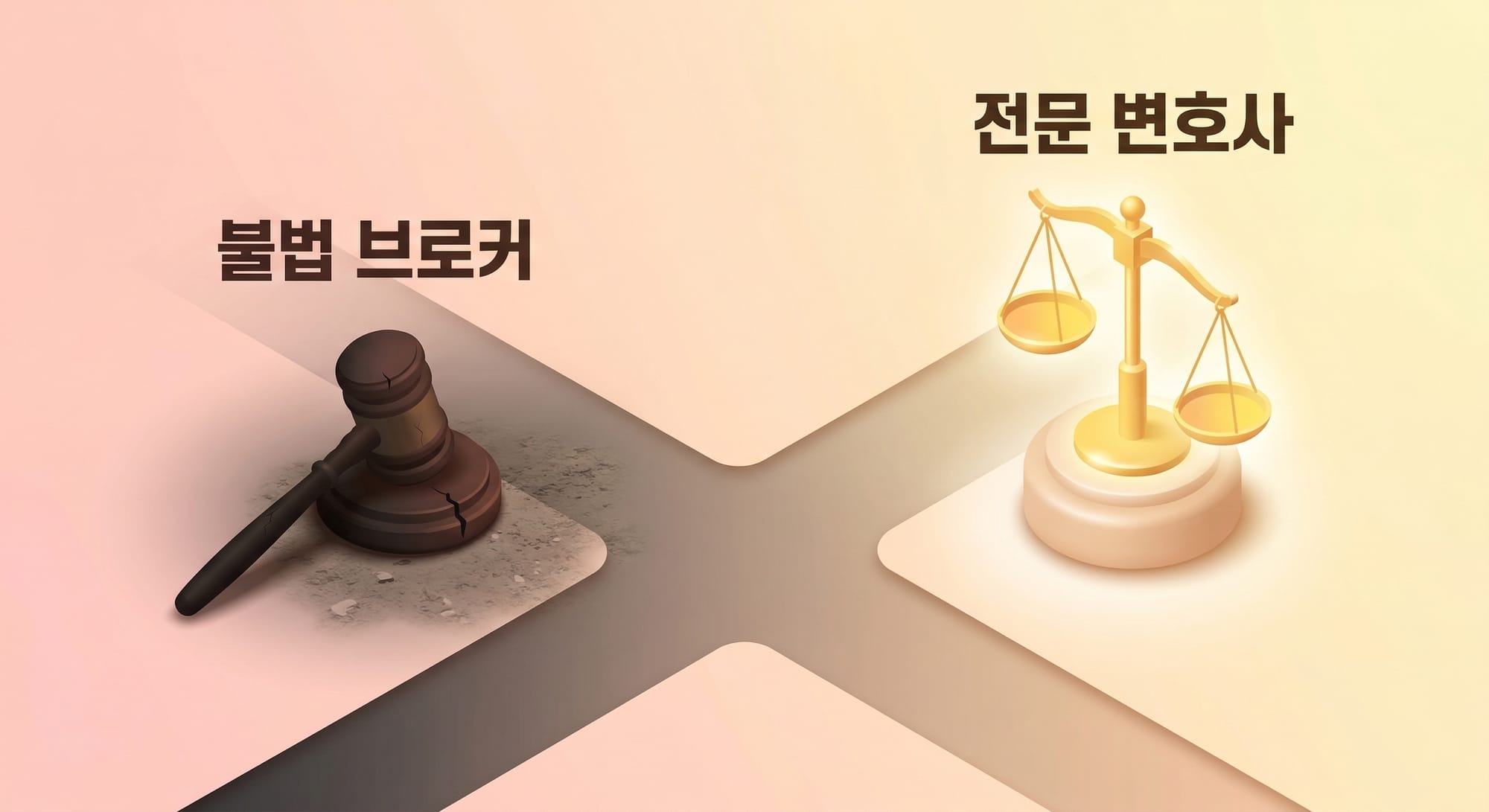 불법 브로커와 전문 변호사를 상징하는 부서진 망치와 빛나는 저울의 대비