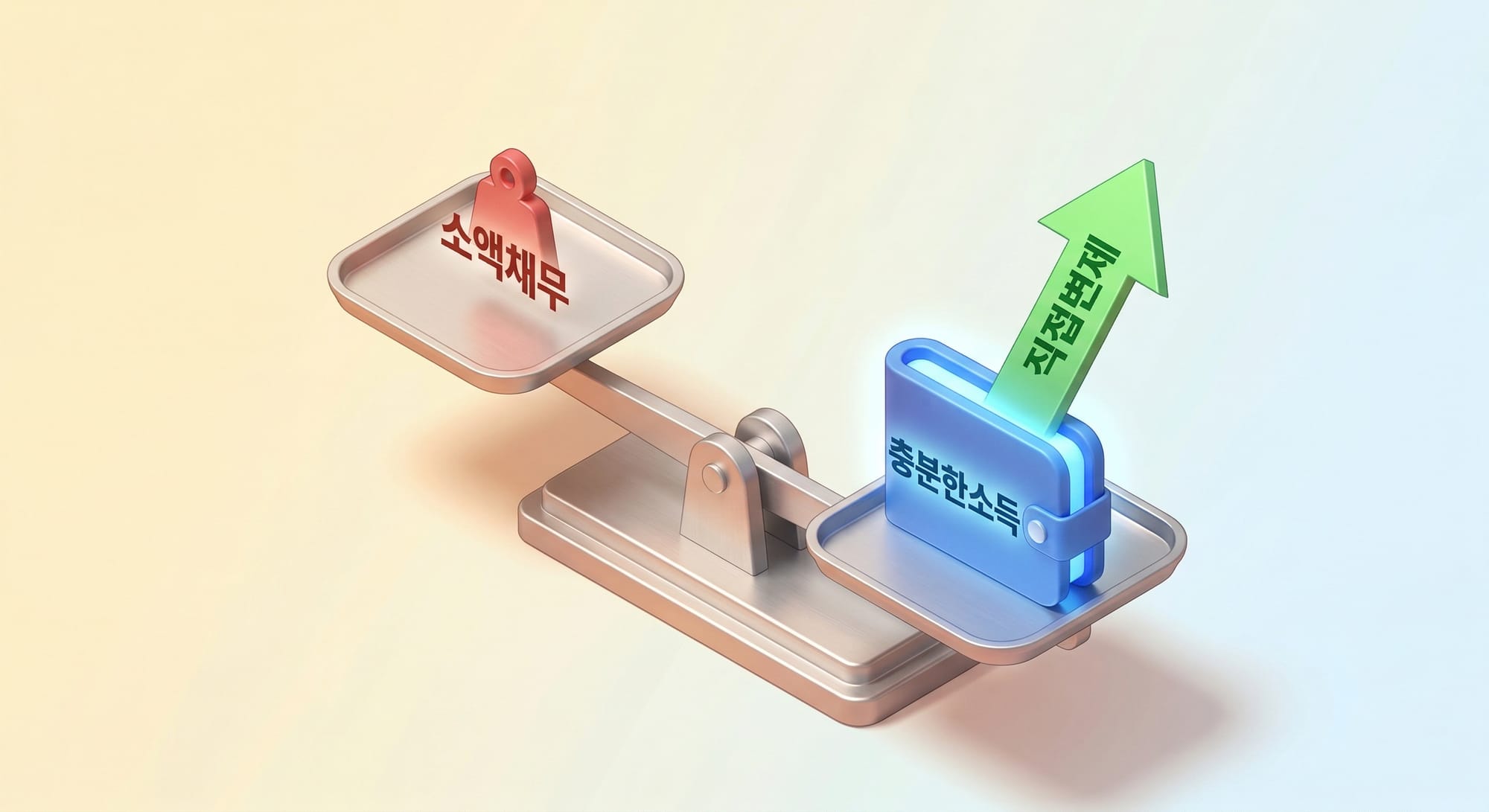 충분한 소득이 소액 채무를 가볍게 들어올리며 직접 변제를 유도하는 저울 도식