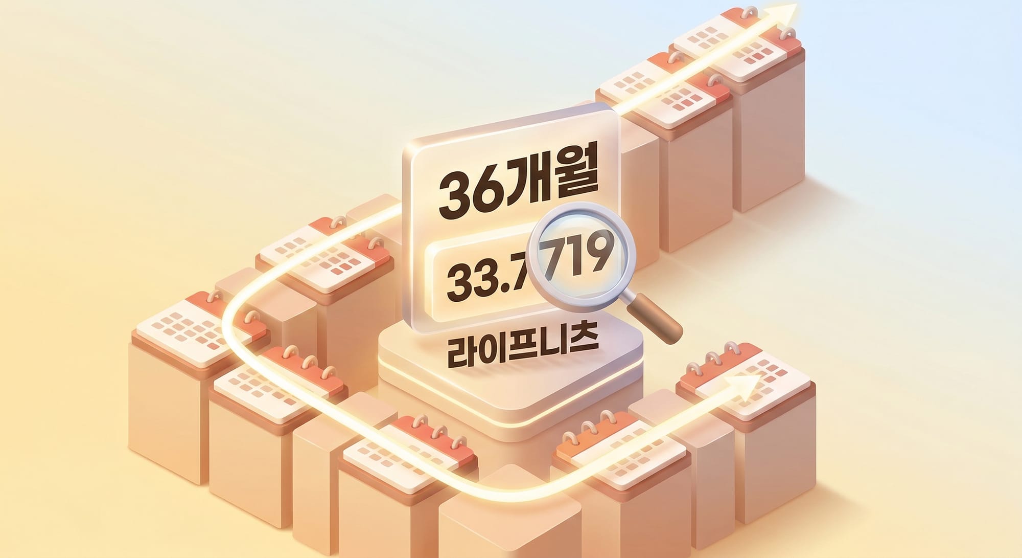 36개월 변제기간과 라이프니츠 계수 33.7719의 관계를 보여주는 3D 도식