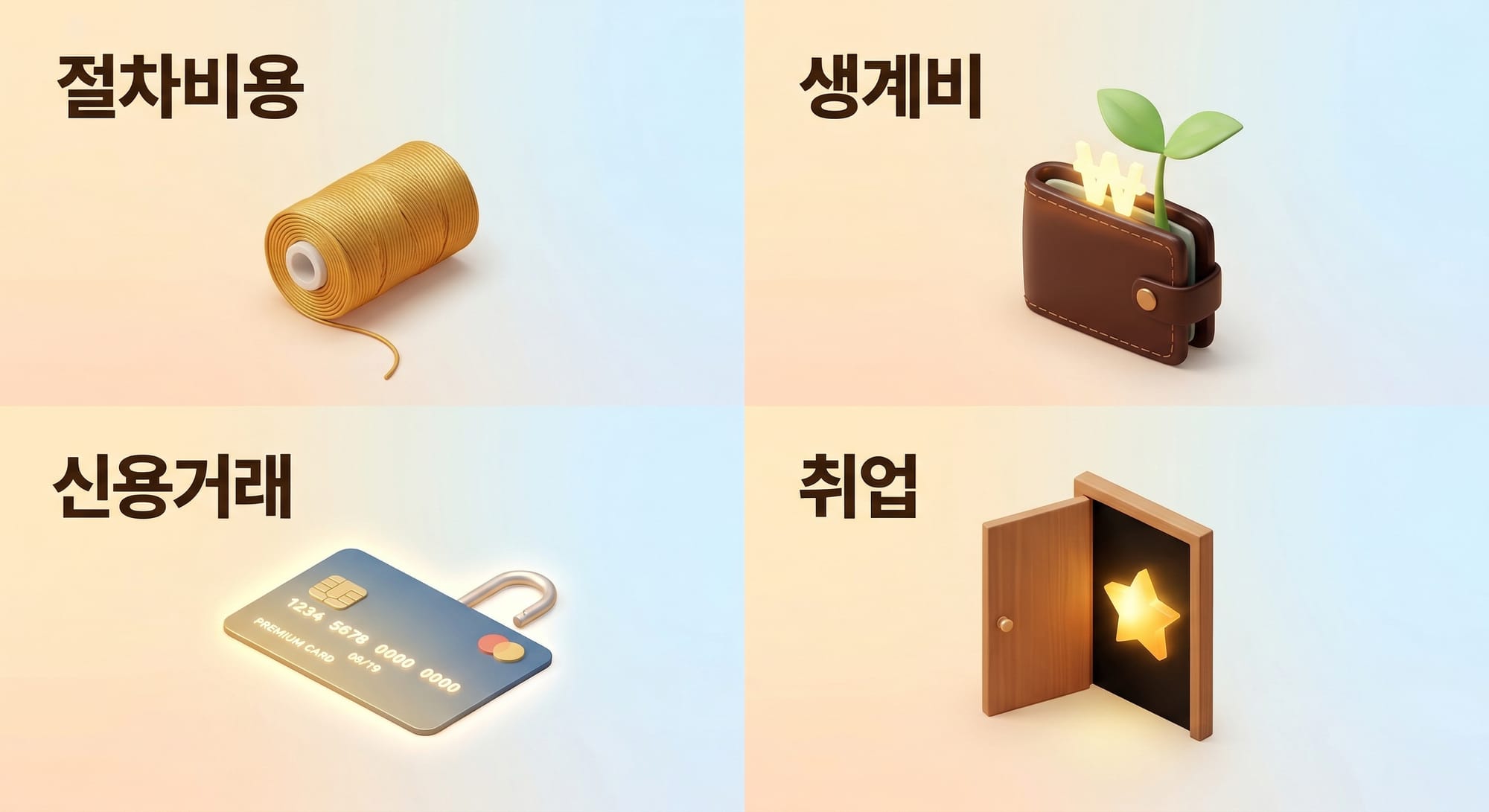 개인회생 주요 오해 4가지 — 절차비용, 생계비, 신용거래, 취업에 대한 오해 해소 아이소메트릭 도식