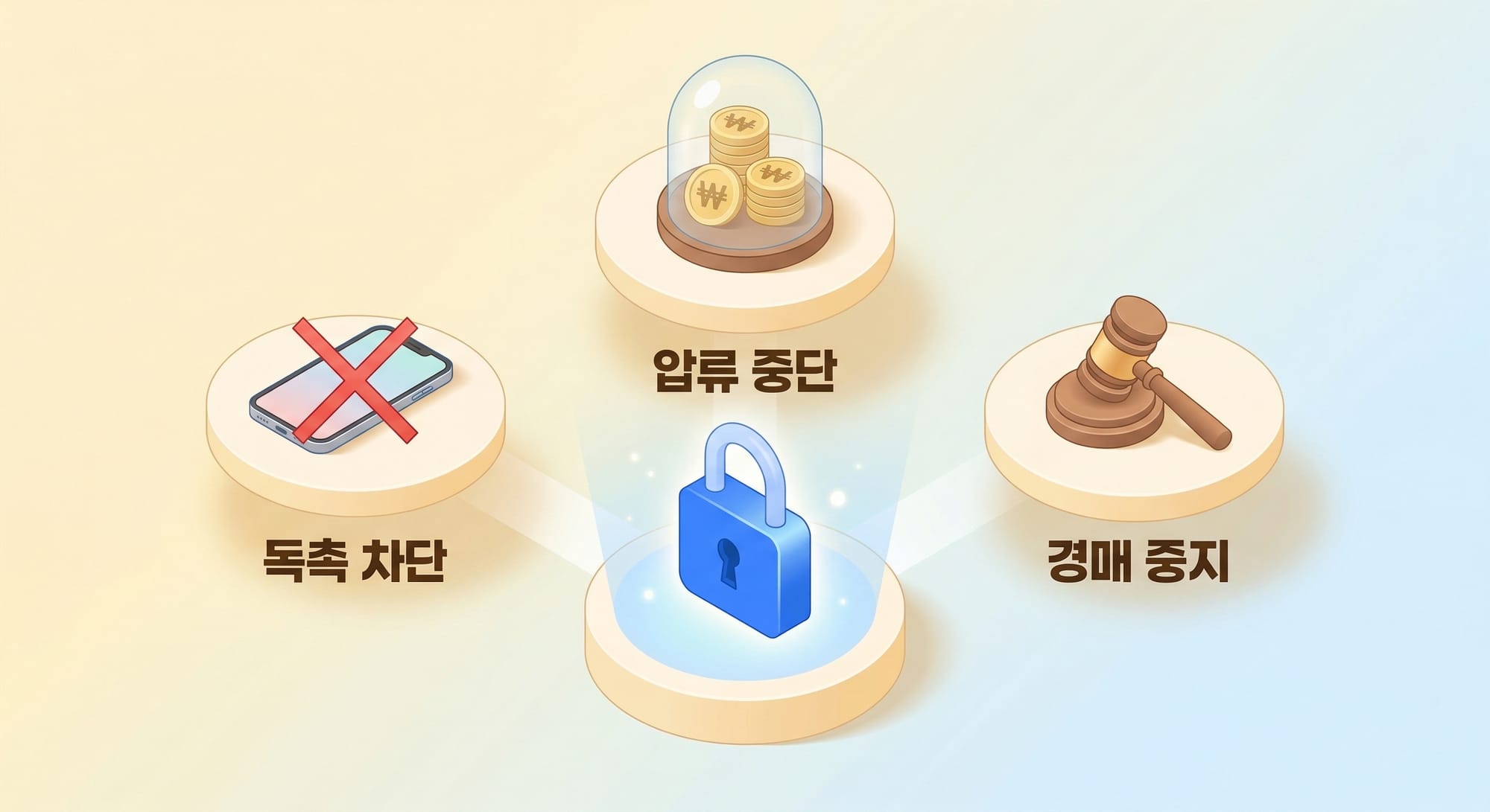 독촉, 압류, 경매를 각각 차단하는 세 가지 과정을 보여주는 3D 도식