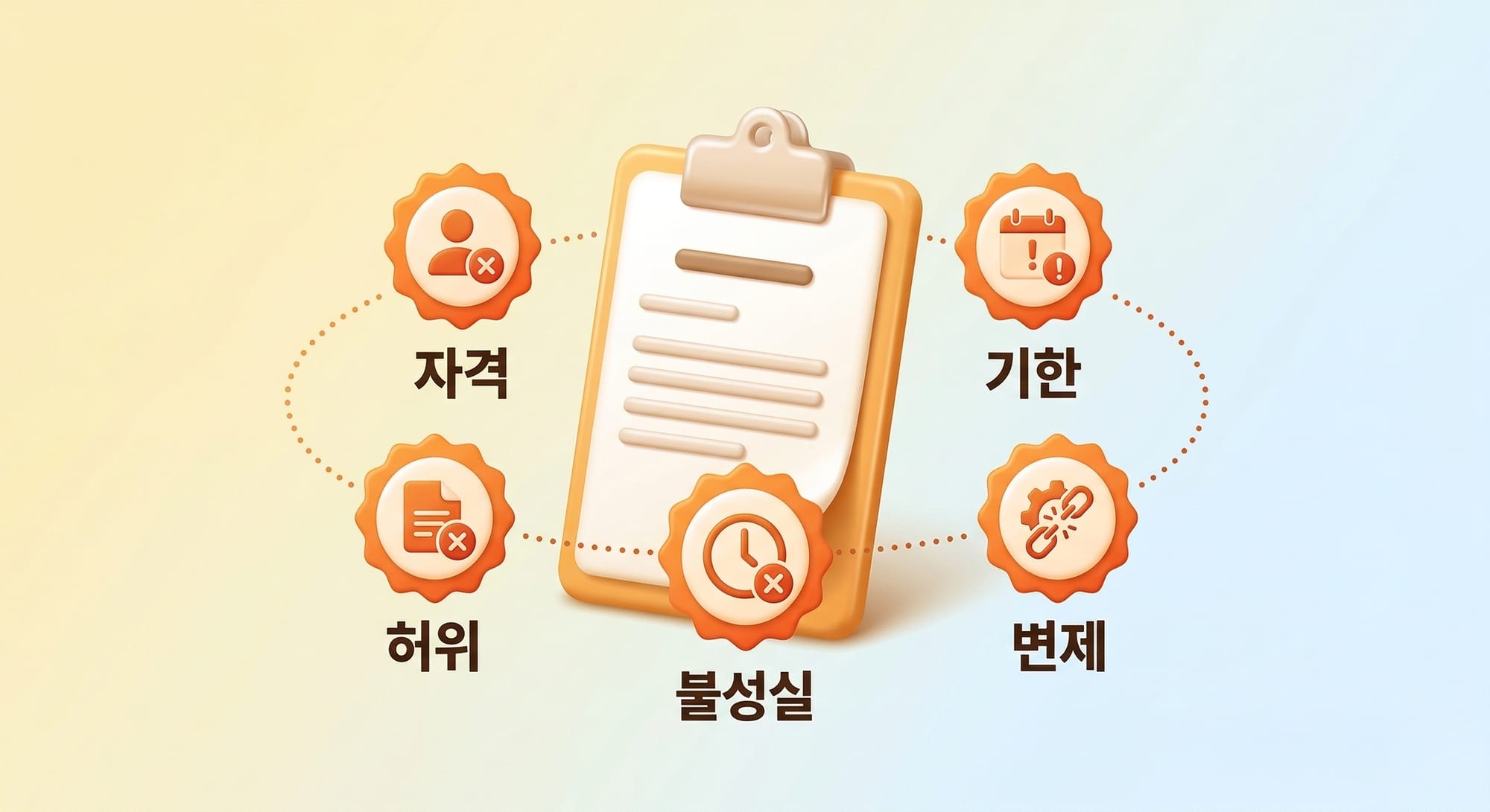 개인회생 기각 사유 5가지 — 자격·허위·불성실·기한·변제 항목을 경고 아이콘으로 표현한 도식