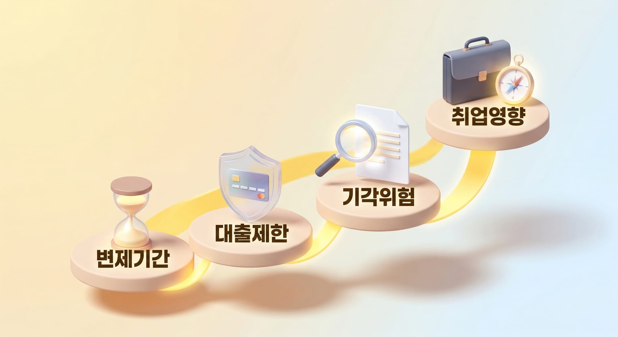 변제기간, 대출제한, 기각위험, 취업영향 등 개인회생 단점을 극복하며 위로 올라가는 3D 계단 도식