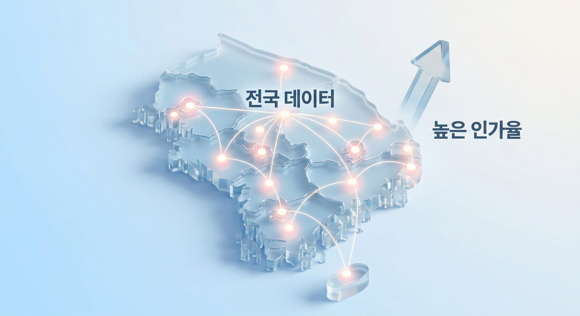 전국 데이터망과 높은 인가율을 보여주는 3D 한국 지도와 상승하는 화살표