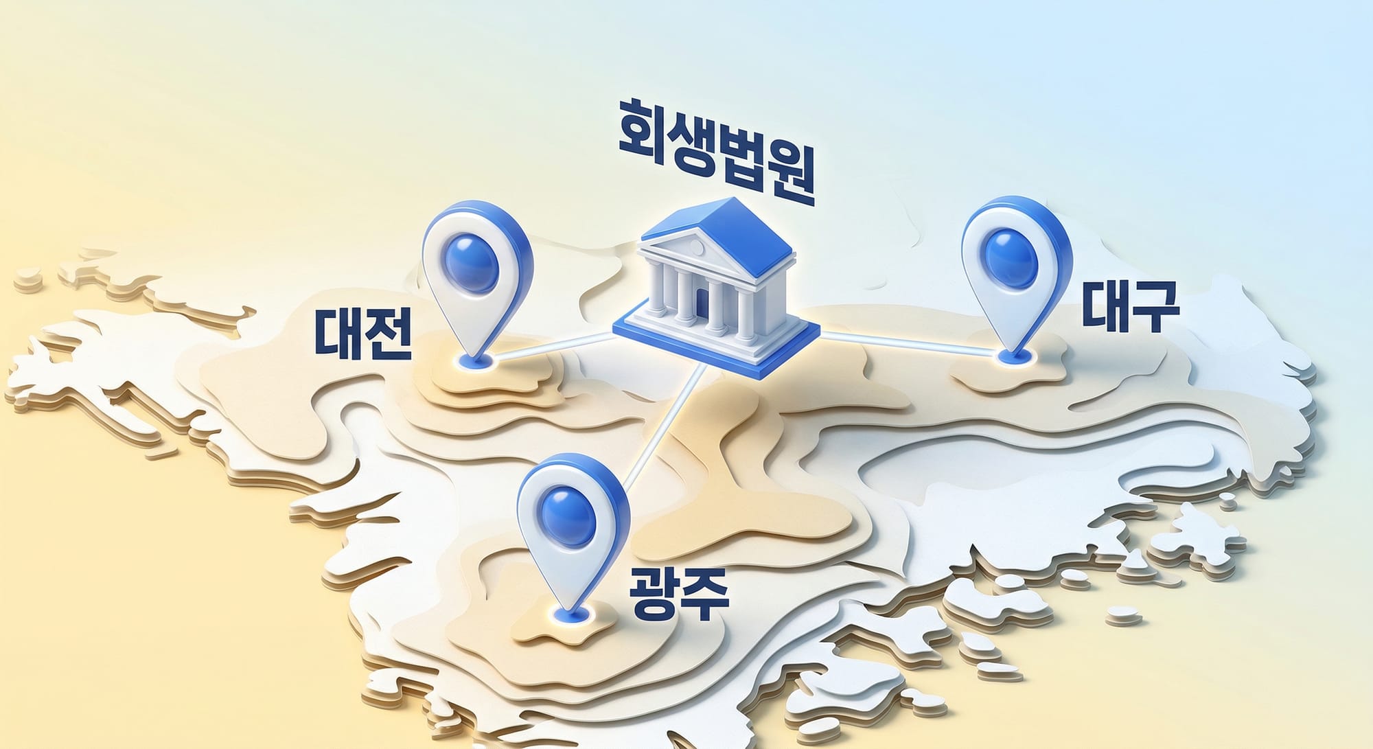 대전, 대구, 광주 지역에 새롭게 신설되는 회생법원 위치를 나타낸 입체 지도