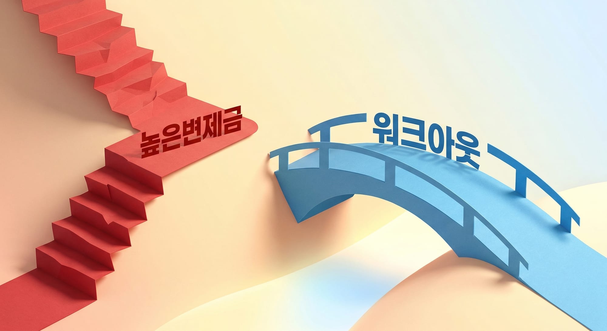 가파르고 험난한 높은 변제금 계단 대신, 평탄하고 안전한 워크아웃 다리를 선택하는 모습