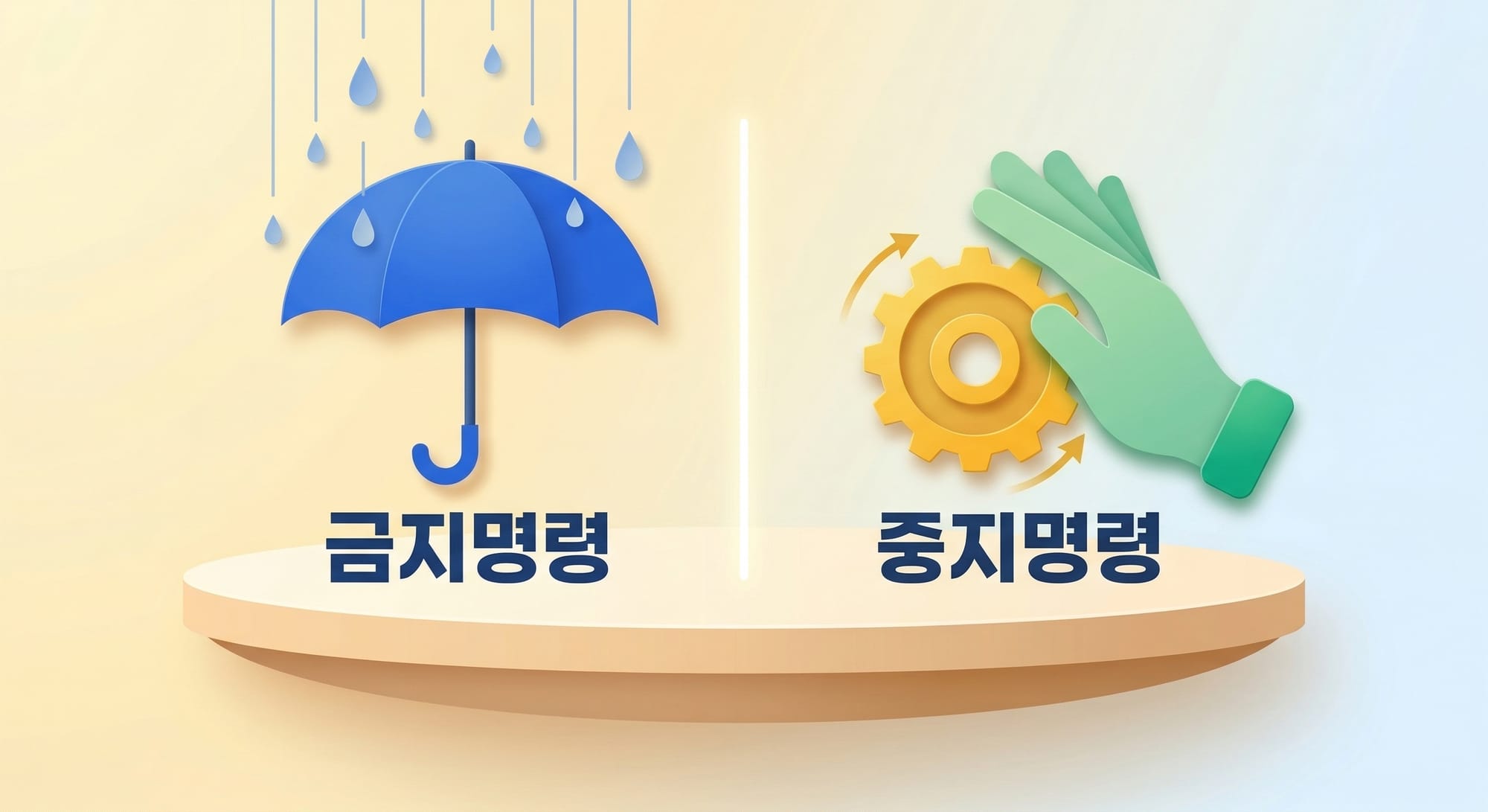 사전에 비를 막는 우산과 이미 돌아가는 톱니바퀴를 멈추는 손을 비교한 일러스트