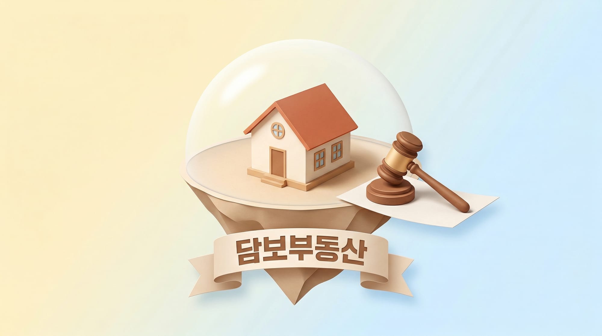 보호막 밖에서 경매 망치가 집을 가리키는 담보부동산 도식