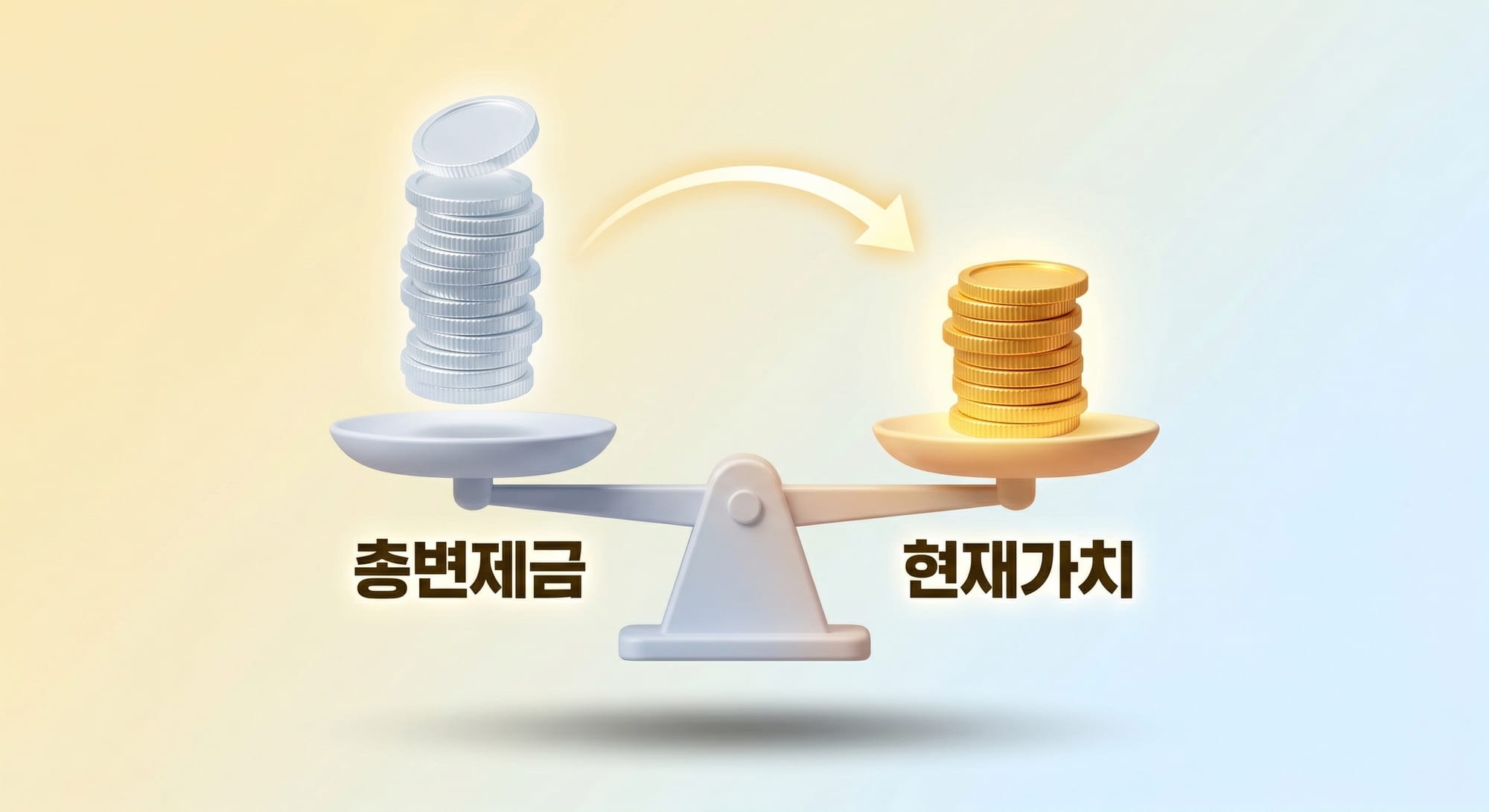총변제금과 현재가치를 저울로 비교하는 3D 일러스트