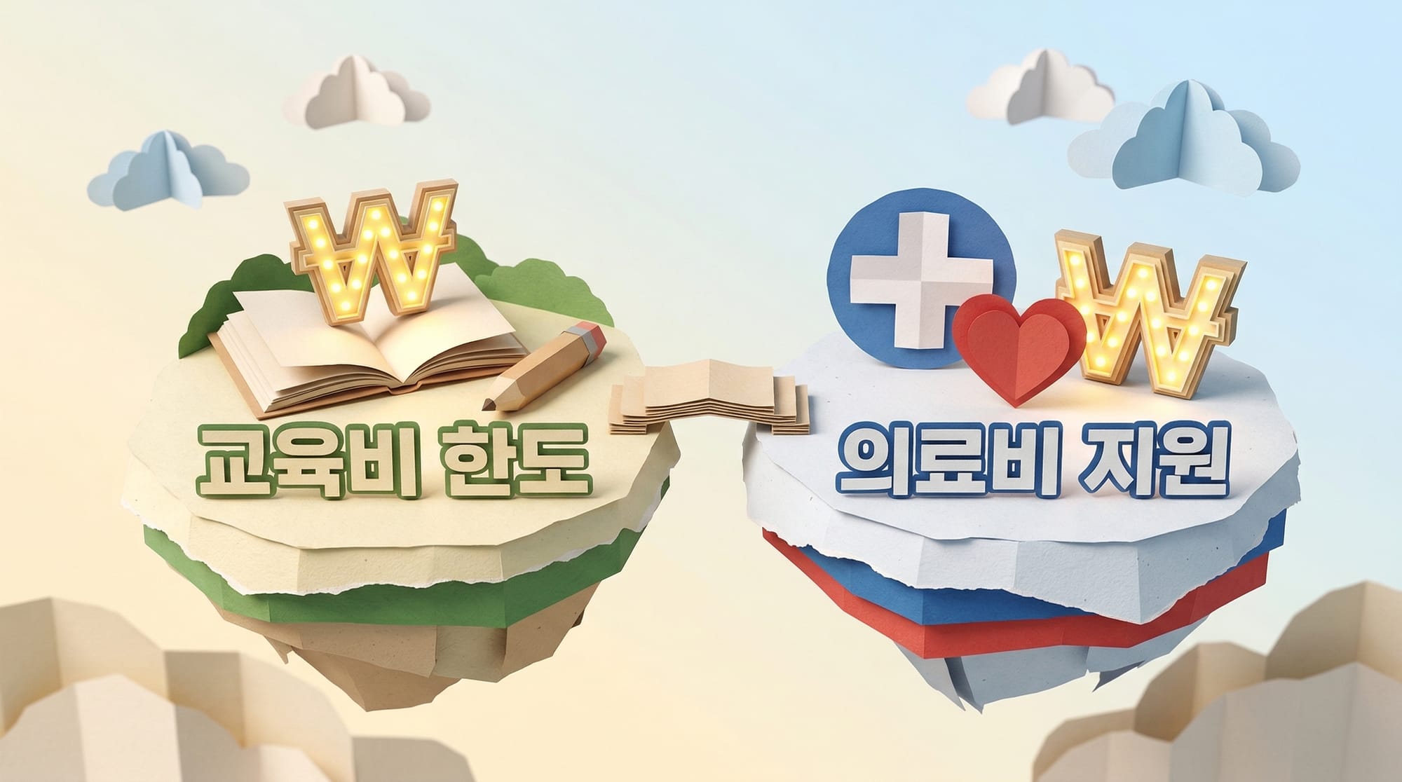 교육비 한도와 의료비 지원을 비교하는 페이퍼 크래프트 일러스트