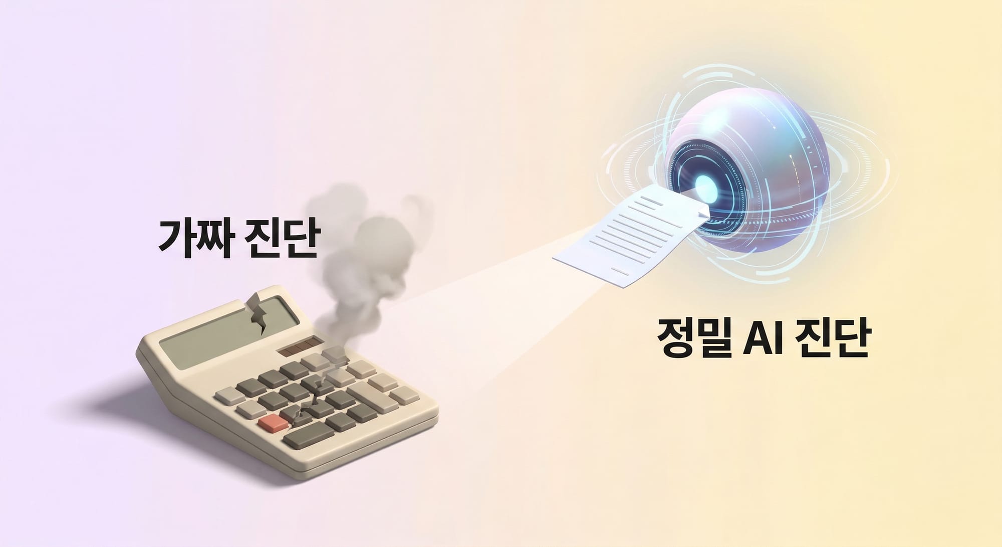 고장난 계산기와 정밀하게 문서를 스캔하는 AI 구체의 비교