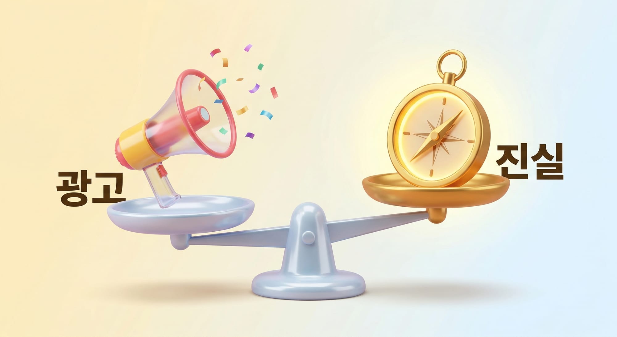 과장된 광고 마이크와 신뢰의 나침반을 저울로 비교하는 3D 일러스트