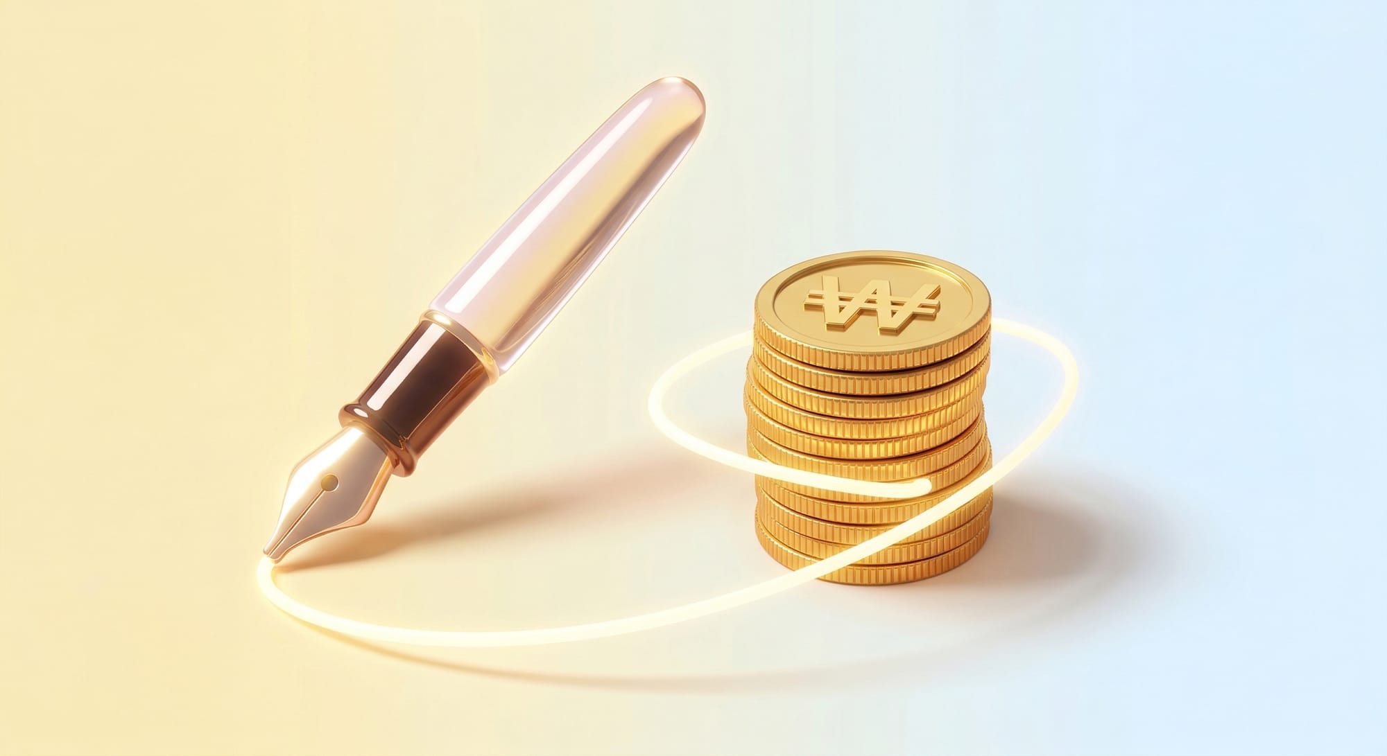 만년필과 금화로 표현된 합리적인 수임료 개념 일러스트