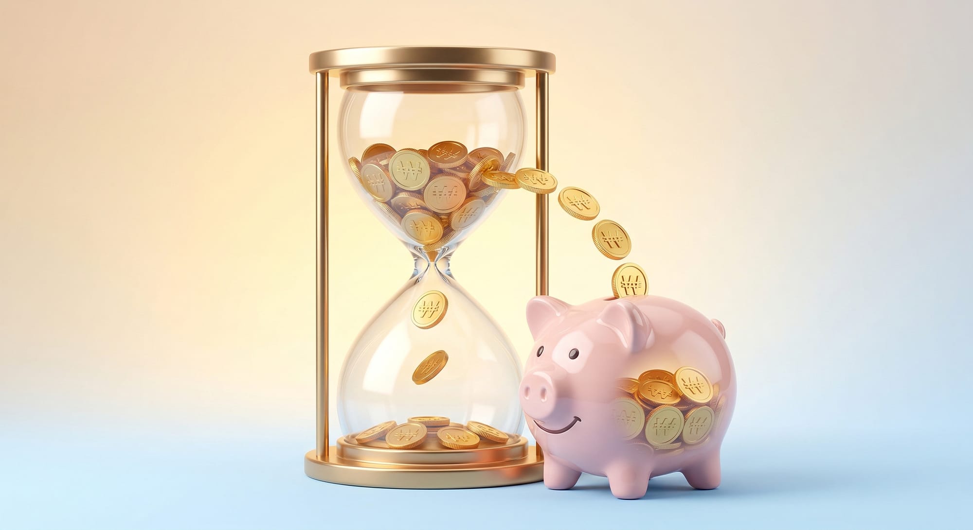 인가결정 직전 워크아웃 전환 시 변제금 환급이 가능한 최적의 타이밍을 상징하는 모래시계와 저금통