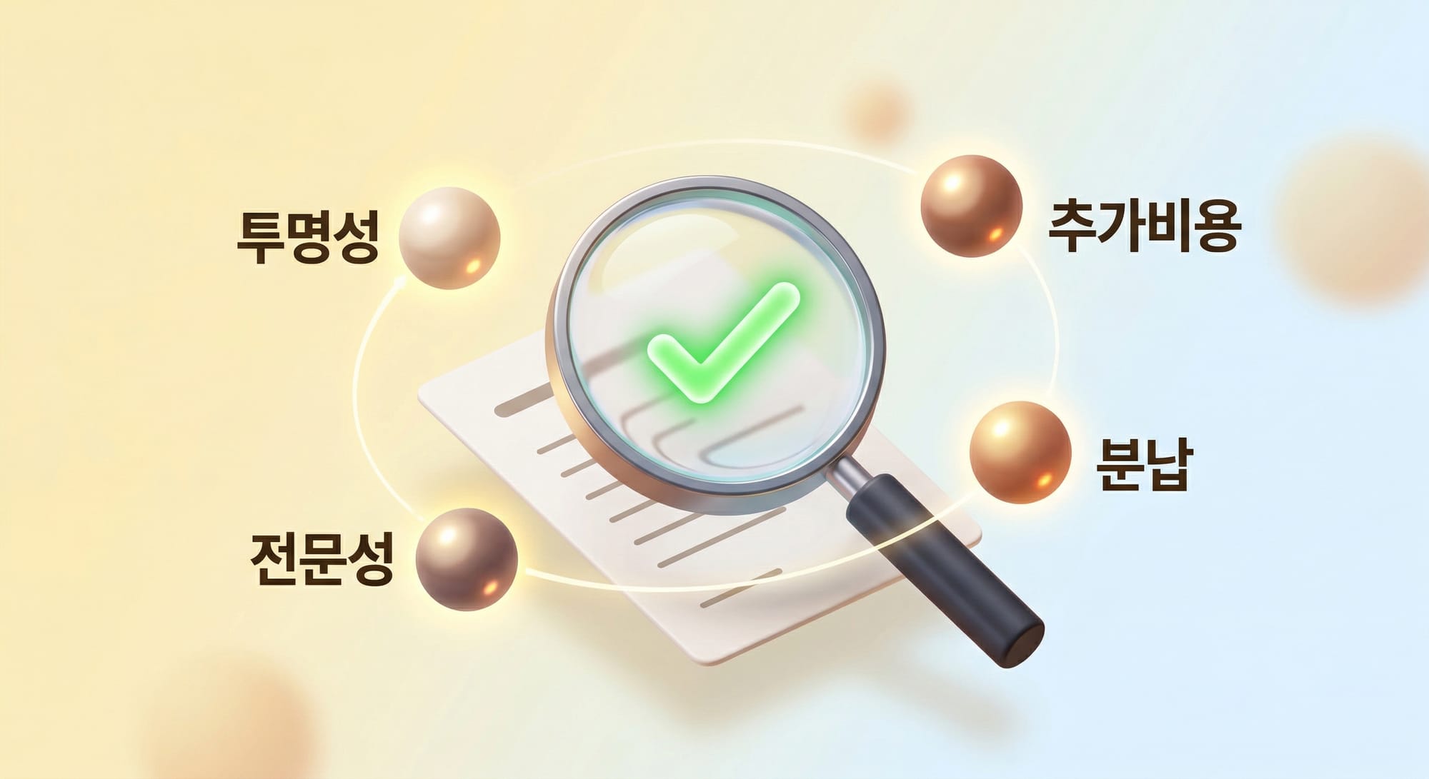 투명성, 추가비용, 분납, 전문성 4가지 사무실 선택 체크포인트 돋보기 일러스트