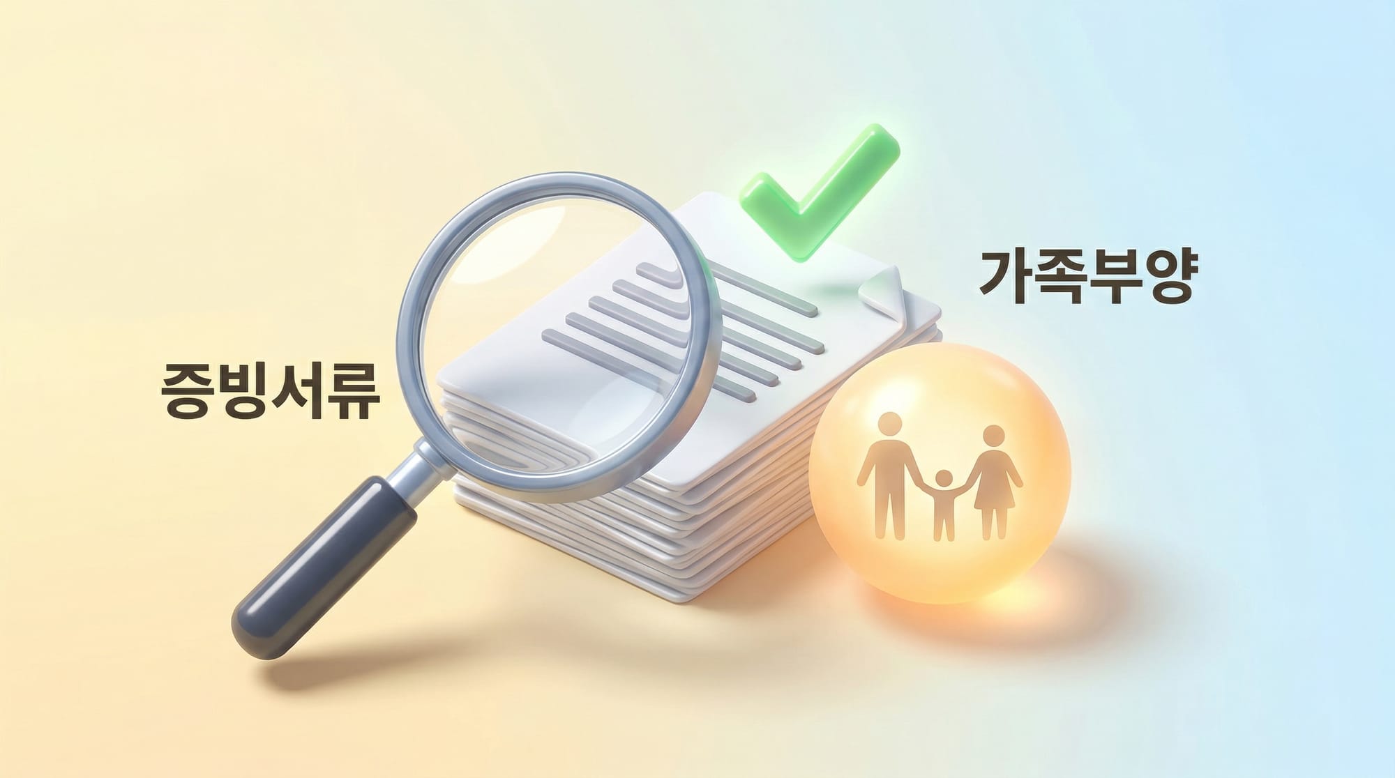 증빙서류 준비와 가족 부양을 상징하는 돋보기와 문서 일러스트