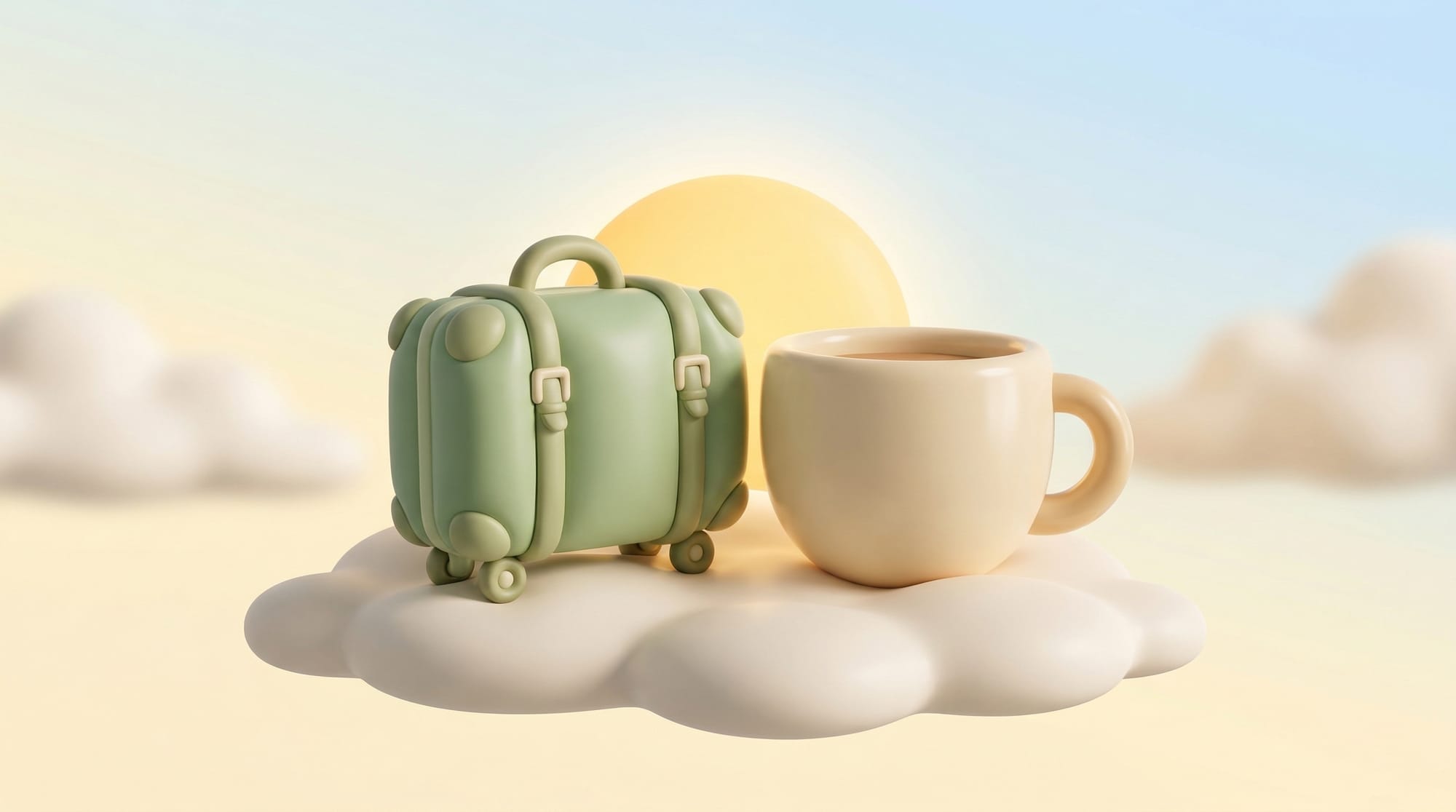 구름 위에서 여행용 캐리어와 커피잔이 나란히 놓인 평화로운 일상