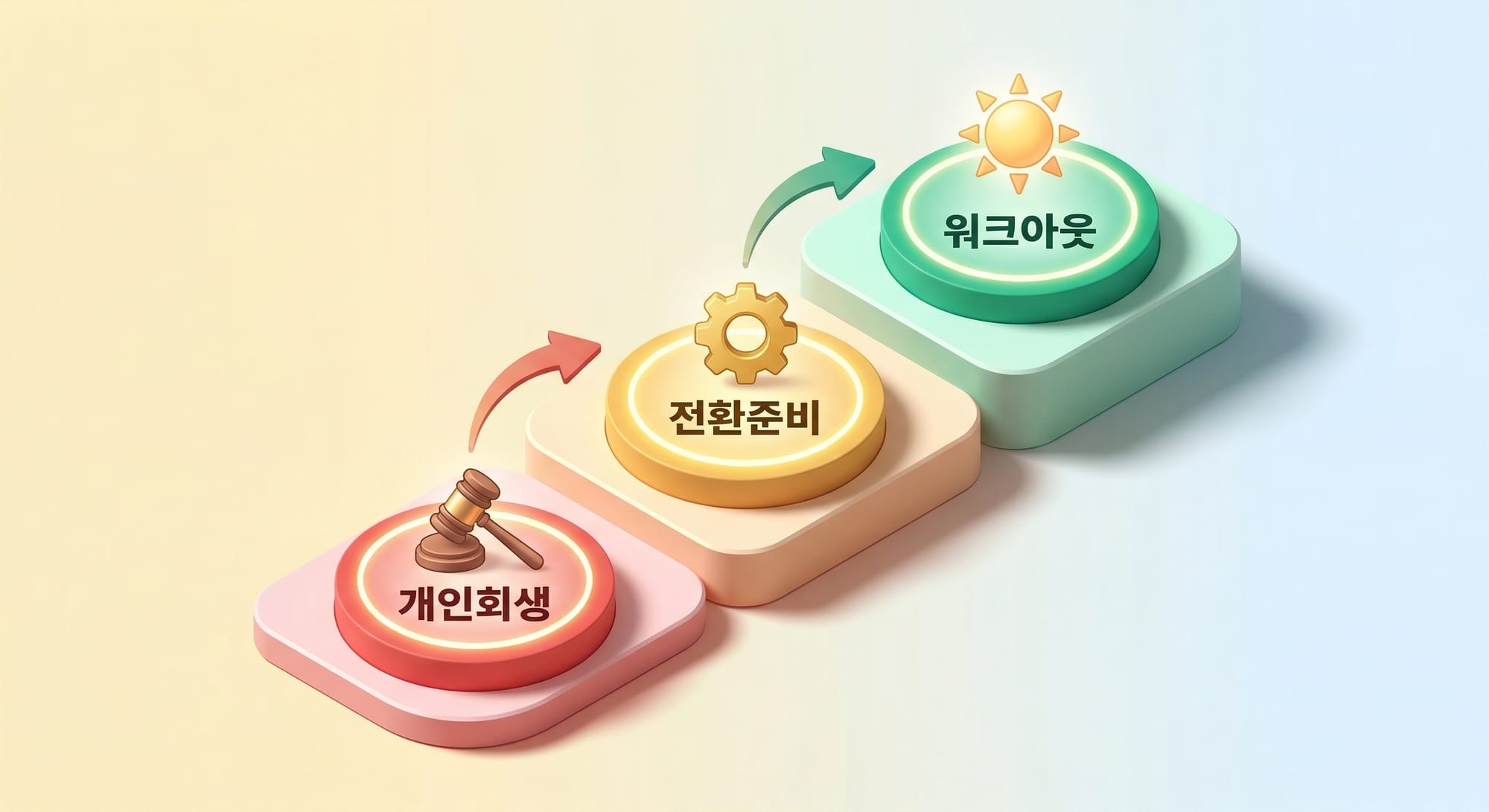 개인회생 진행, 전환 준비, 워크아웃 전환으로 이어지는 3단계 상승 경로 도식