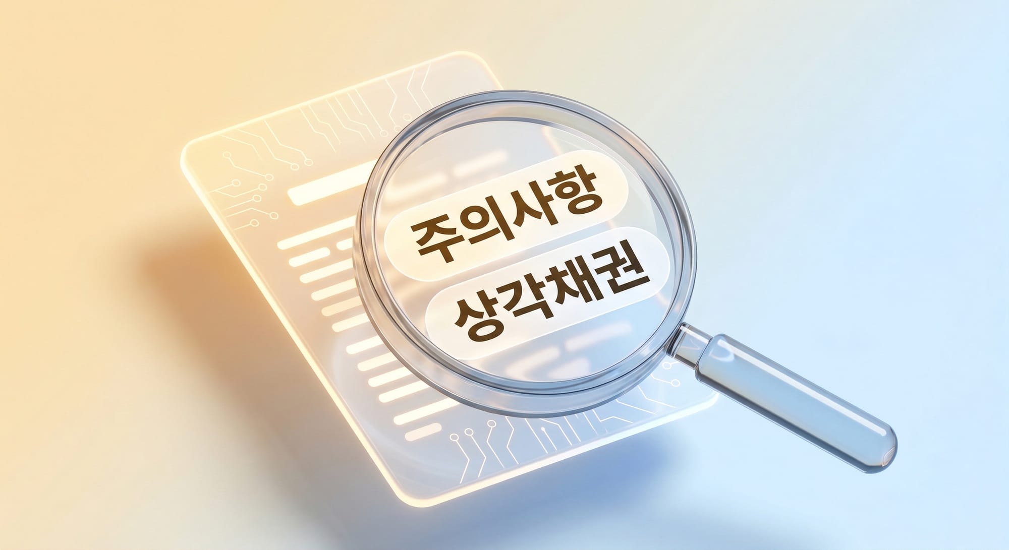 돋보기로 문서의 주의사항과 상각채권 여부를 꼼꼼히 확인하는 모습