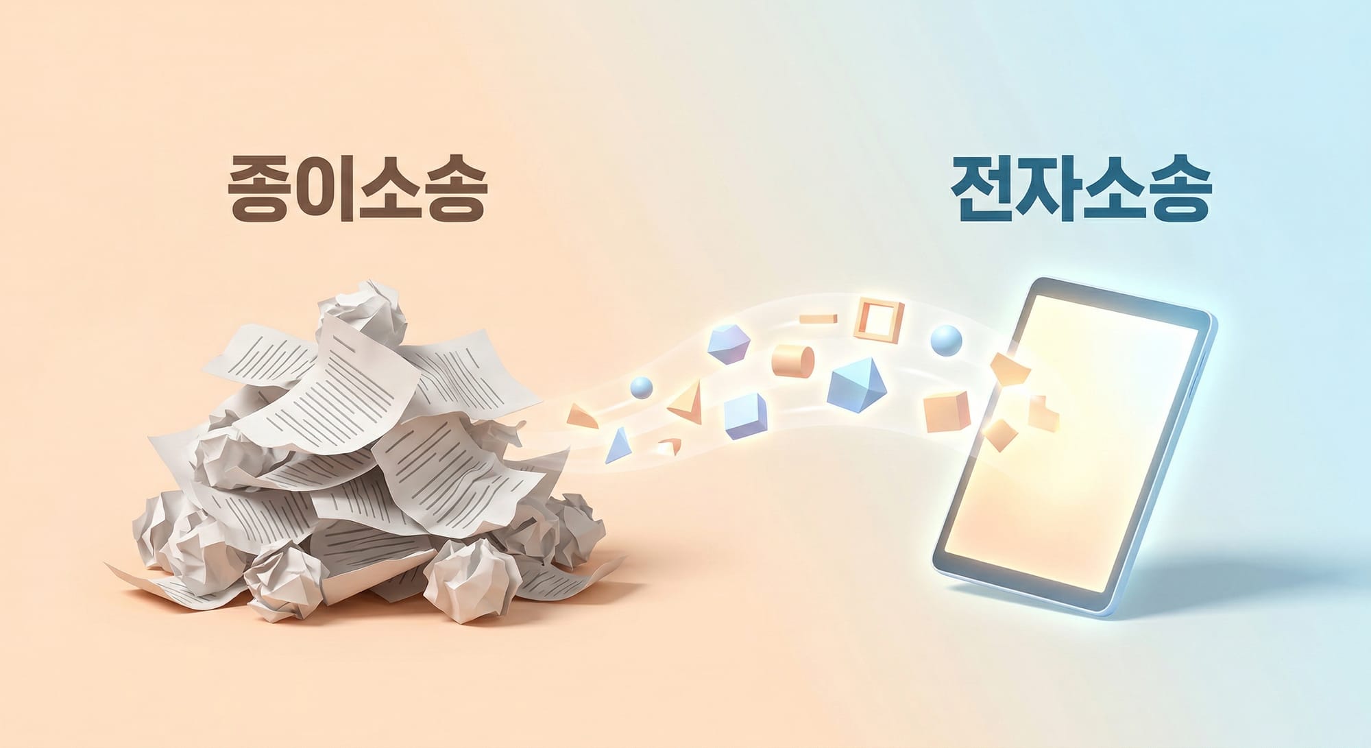 구겨진 종이 문서들이 빛나는 디지털 데이터로 변환되어 태블릿으로 들어가는 모습