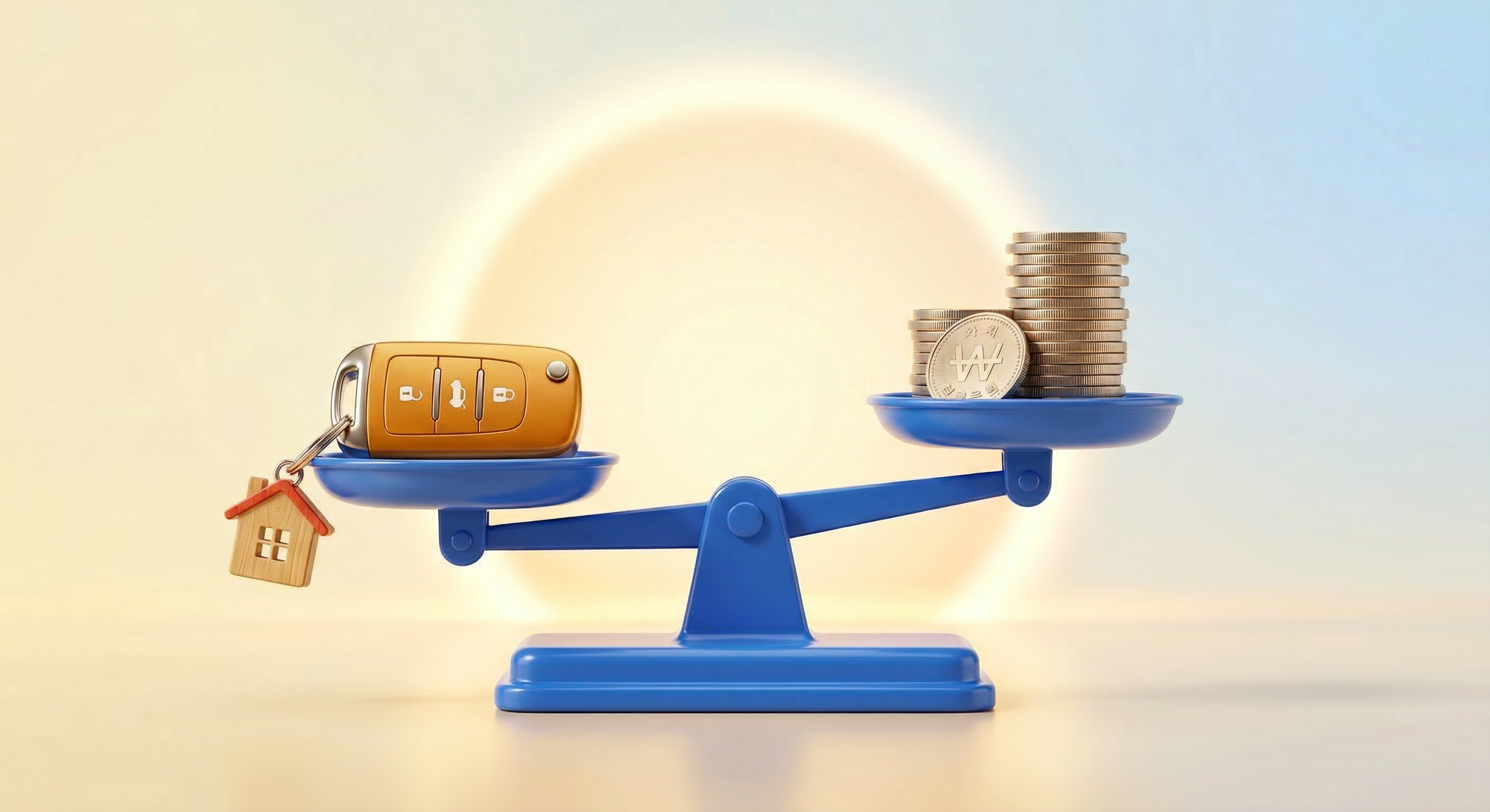 자동차 키와 저울 위의 서류를 보여주는 3D 일러스트