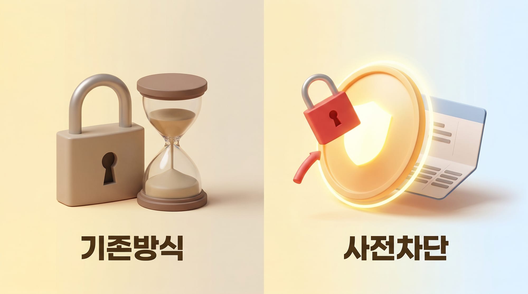 기존 방식과 사전 차단 방식 비교 — 왼쪽은 압류 후 법원 해제, 오른쪽은 처음부터 압류 차단