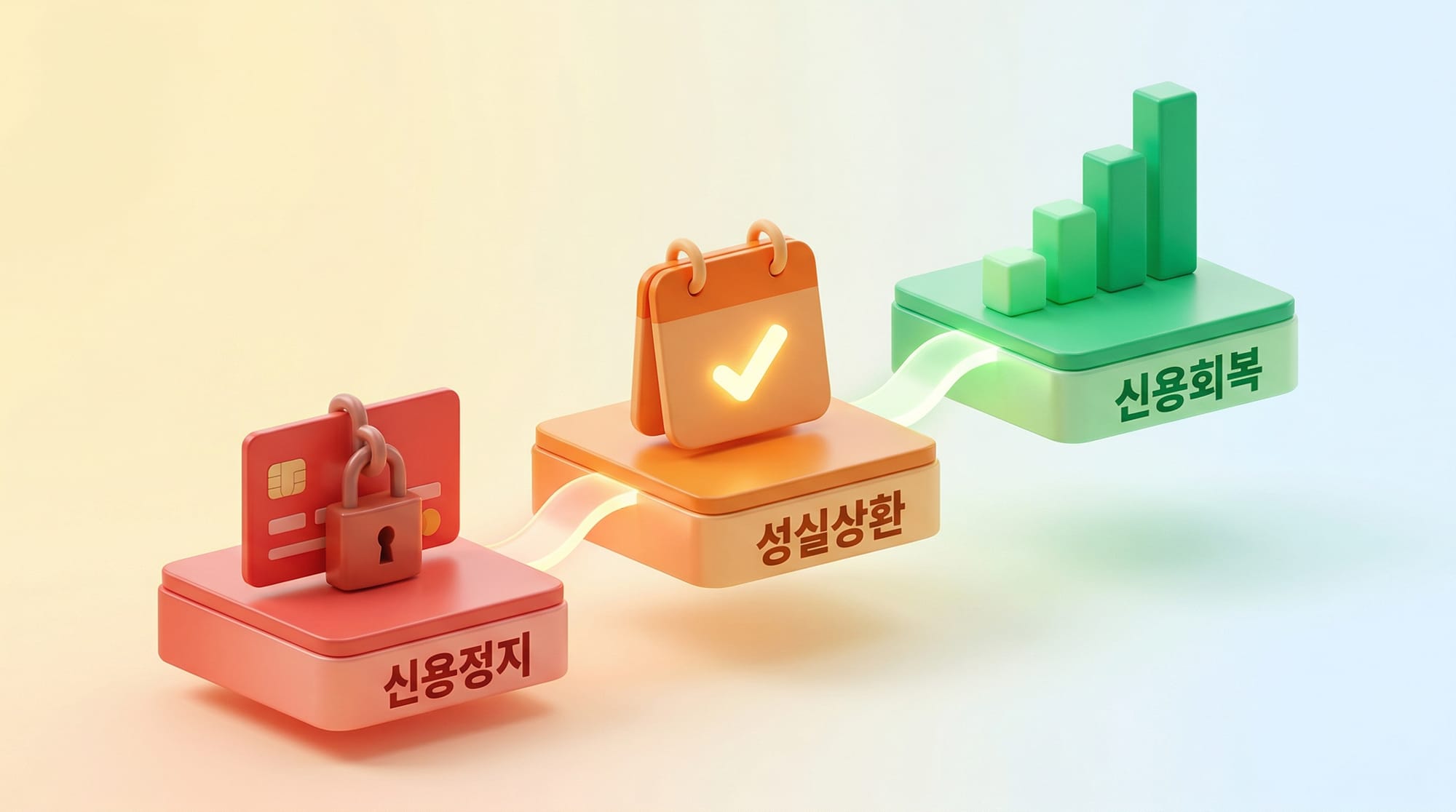 신용정지에서 성실상환을 거쳐 신용회복으로 이어지는 3단계 도식