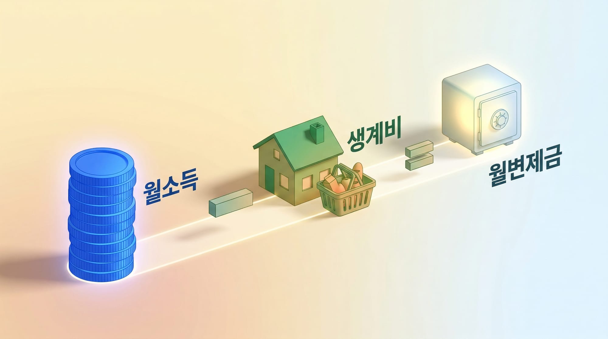 월소득에서 생계비를 빼서 월변제금이 산출되는 가용소득 계산 공식 아이소메트릭 도식