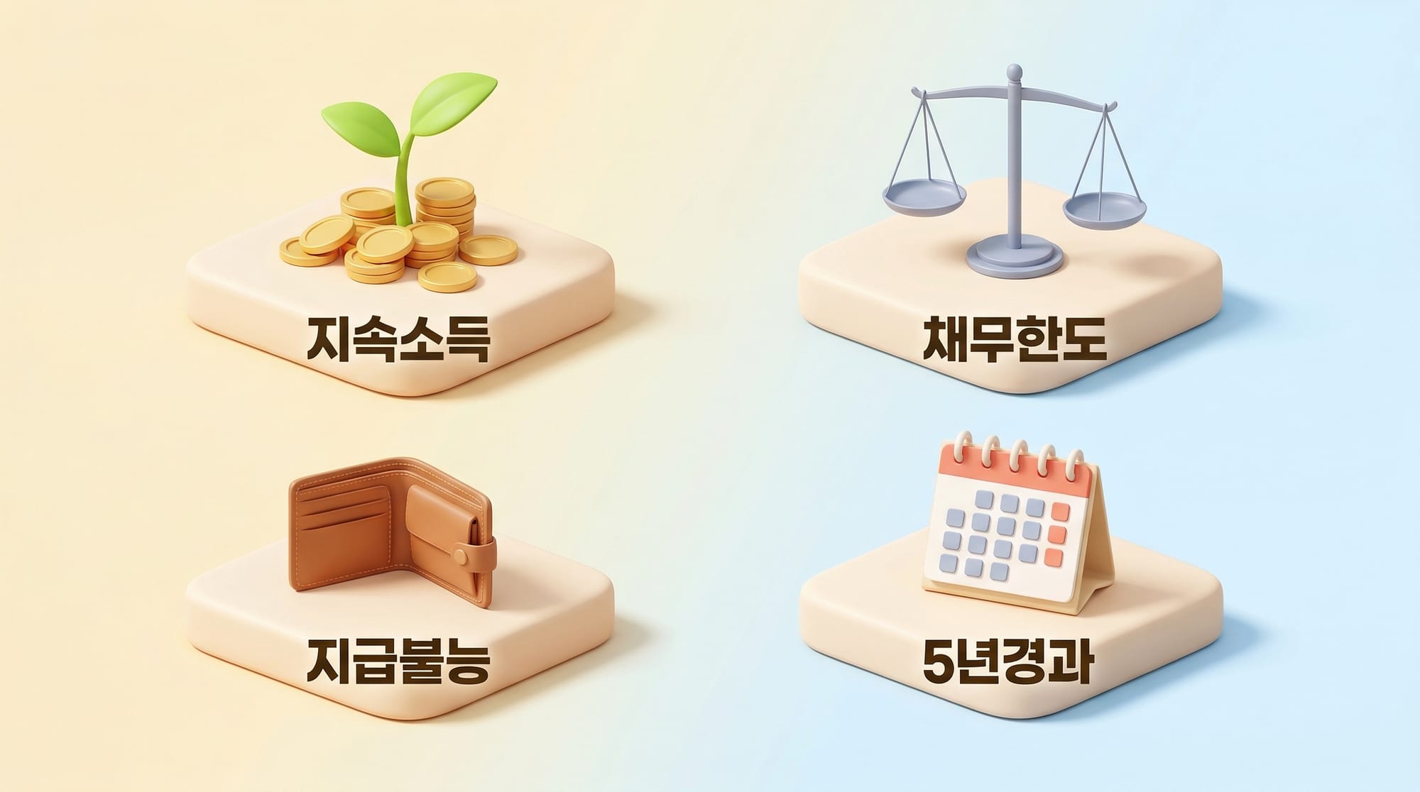 4가지 핵심 자격 요건 — 지속소득, 채무한도, 지급불능, 5년경과