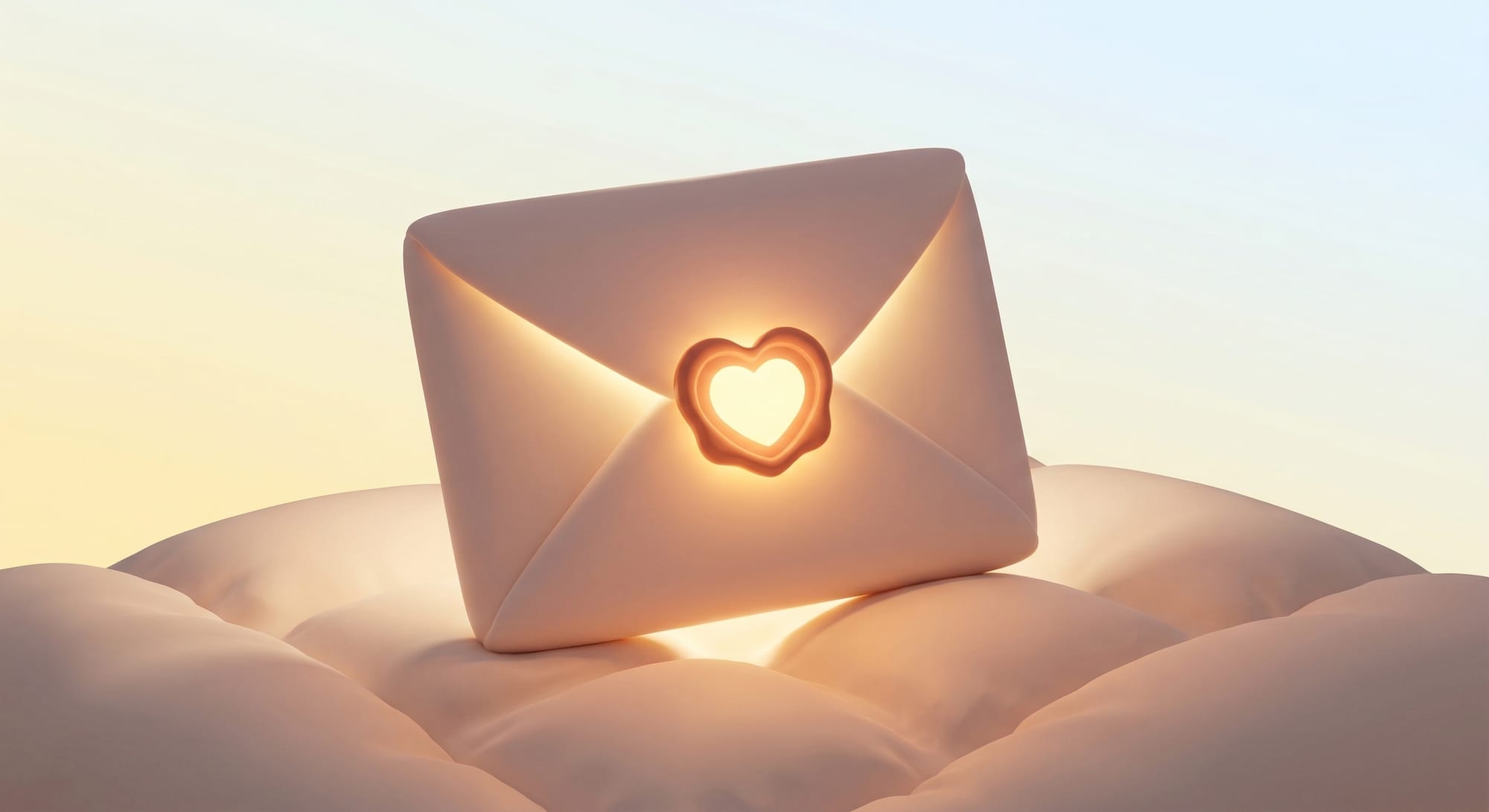 진심이 담긴 편지를 상징하는 하트 왁스 실링과 부드러운 빛이 새어 나오는 봉투