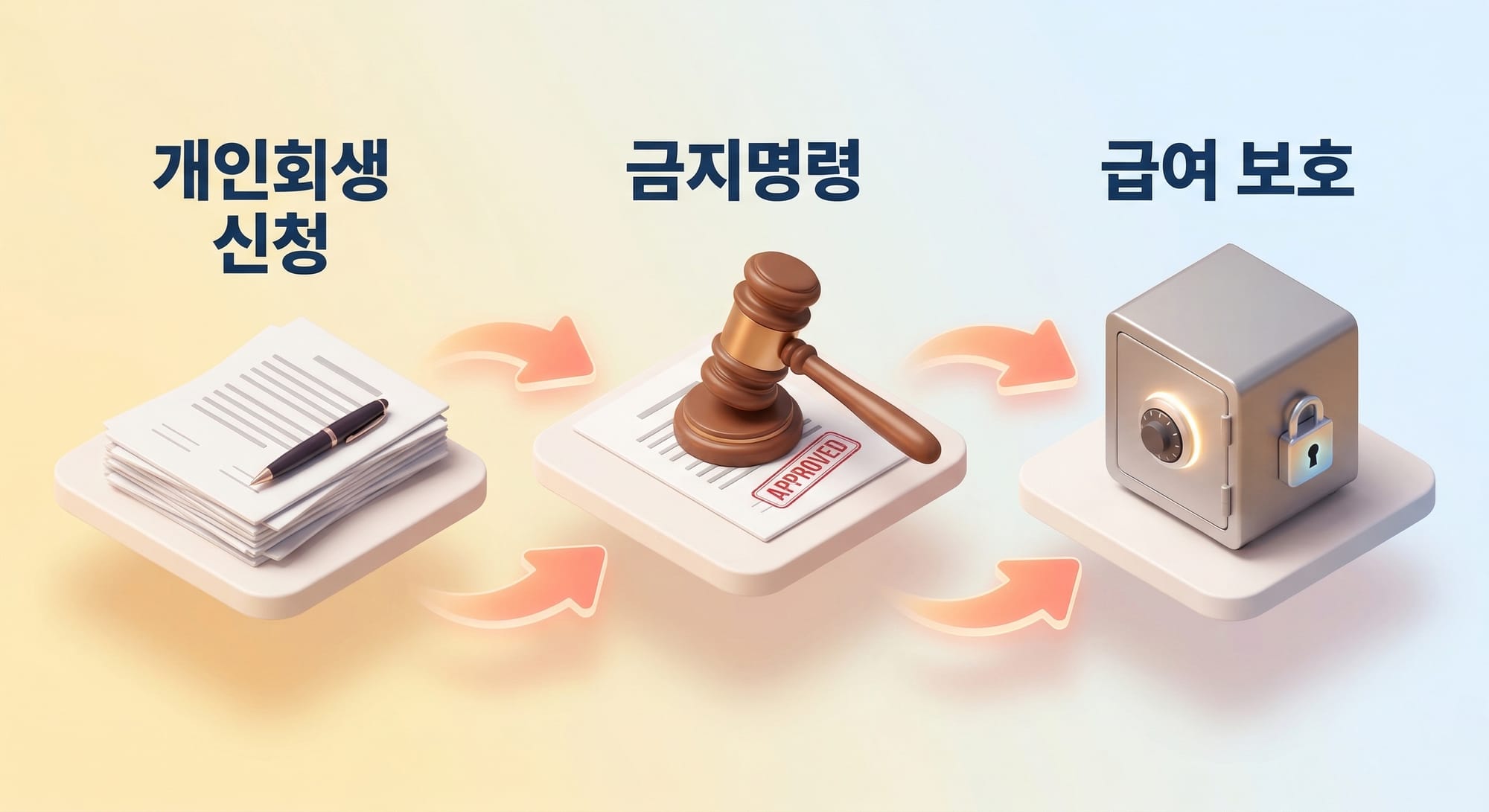 개인회생 신청부터 금지명령을 거쳐 급여가 보호되는 과정을 보여주는 3D 아이소메트릭 도식