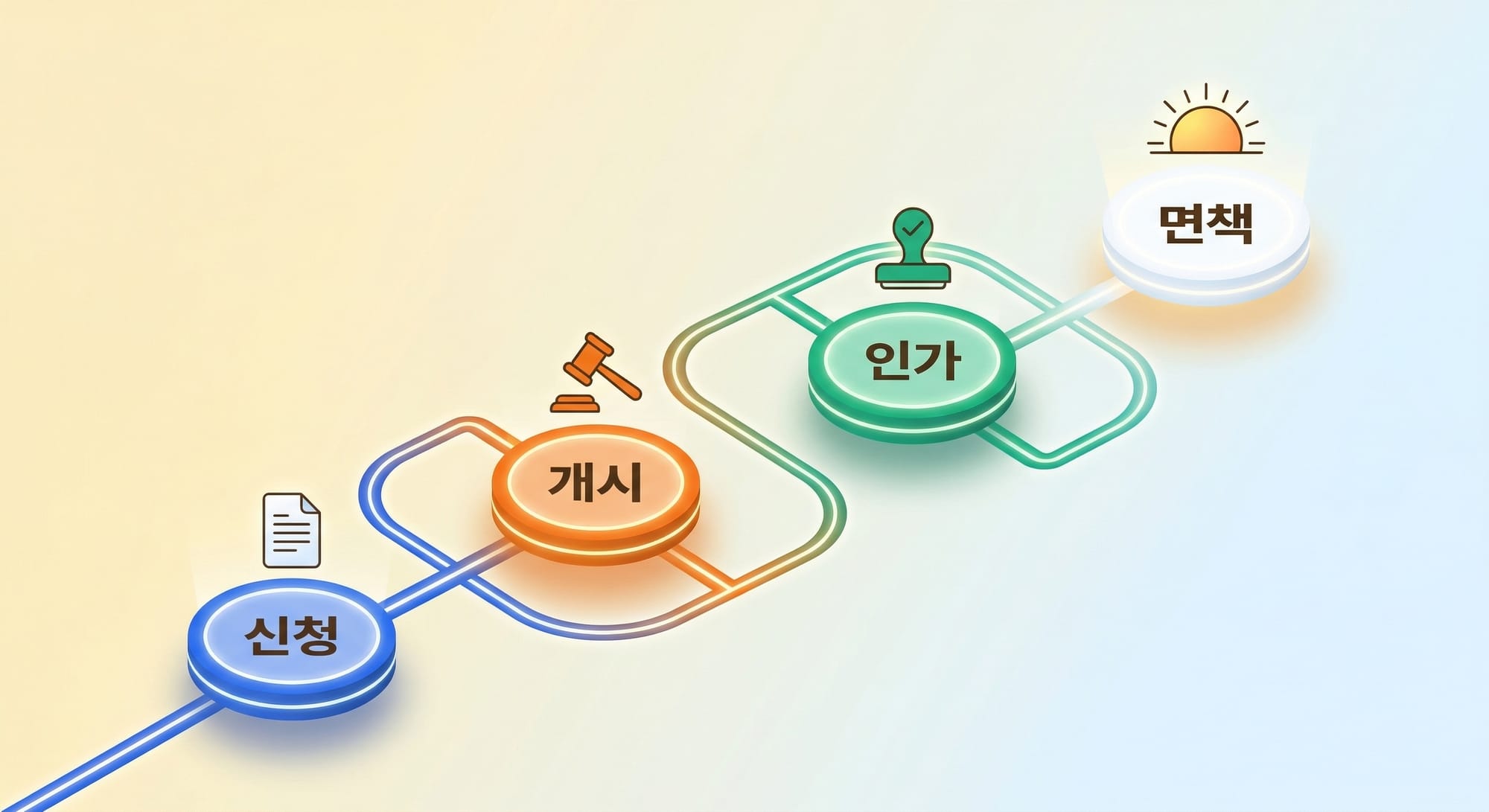 개인회생 신청·개시·인가·면책 4대 단계 아이소메트릭 타임라인