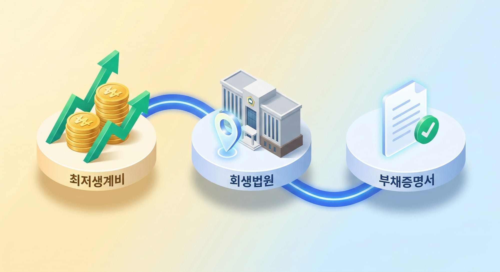 2026년 개인회생 3가지 혜택인 최저생계비, 회생법원, 부채증명서 도식