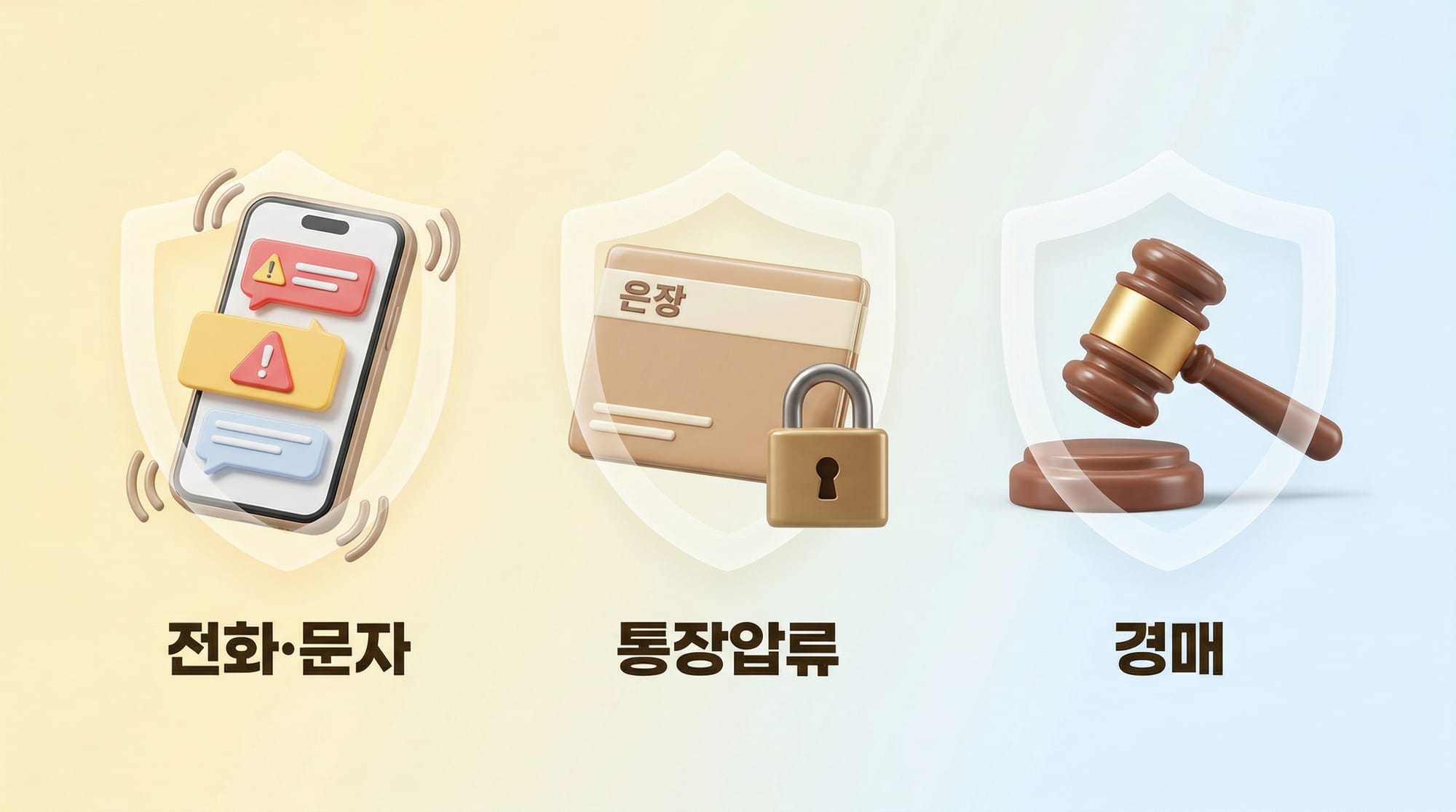 법원이 차단하는 독촉·압류·경매 아이콘 그리드