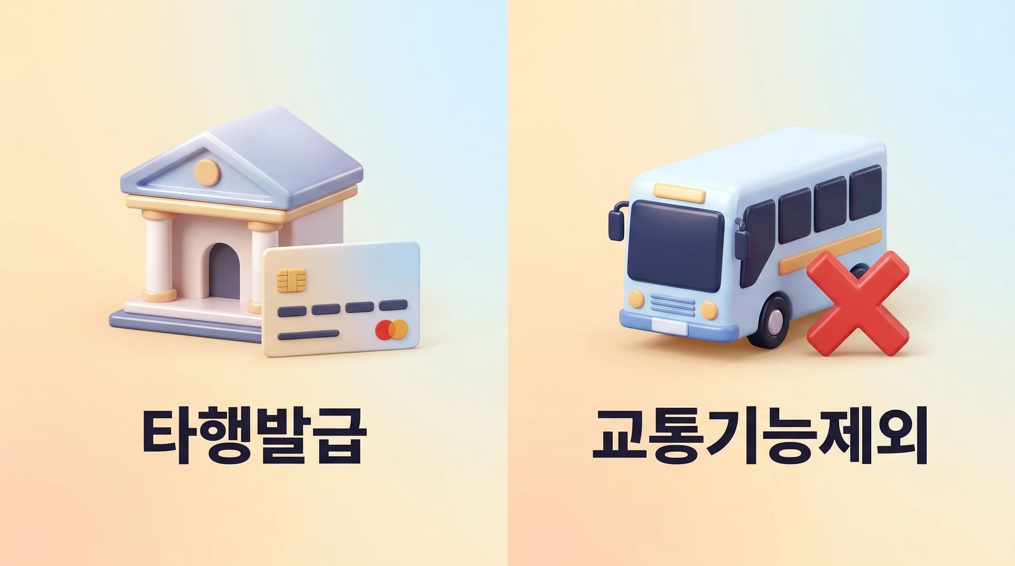 채권자 아닌 은행 발급과 후불교통 기능 제외를 강조하는 체크카드 주의사항 3D 아이콘 일러스트