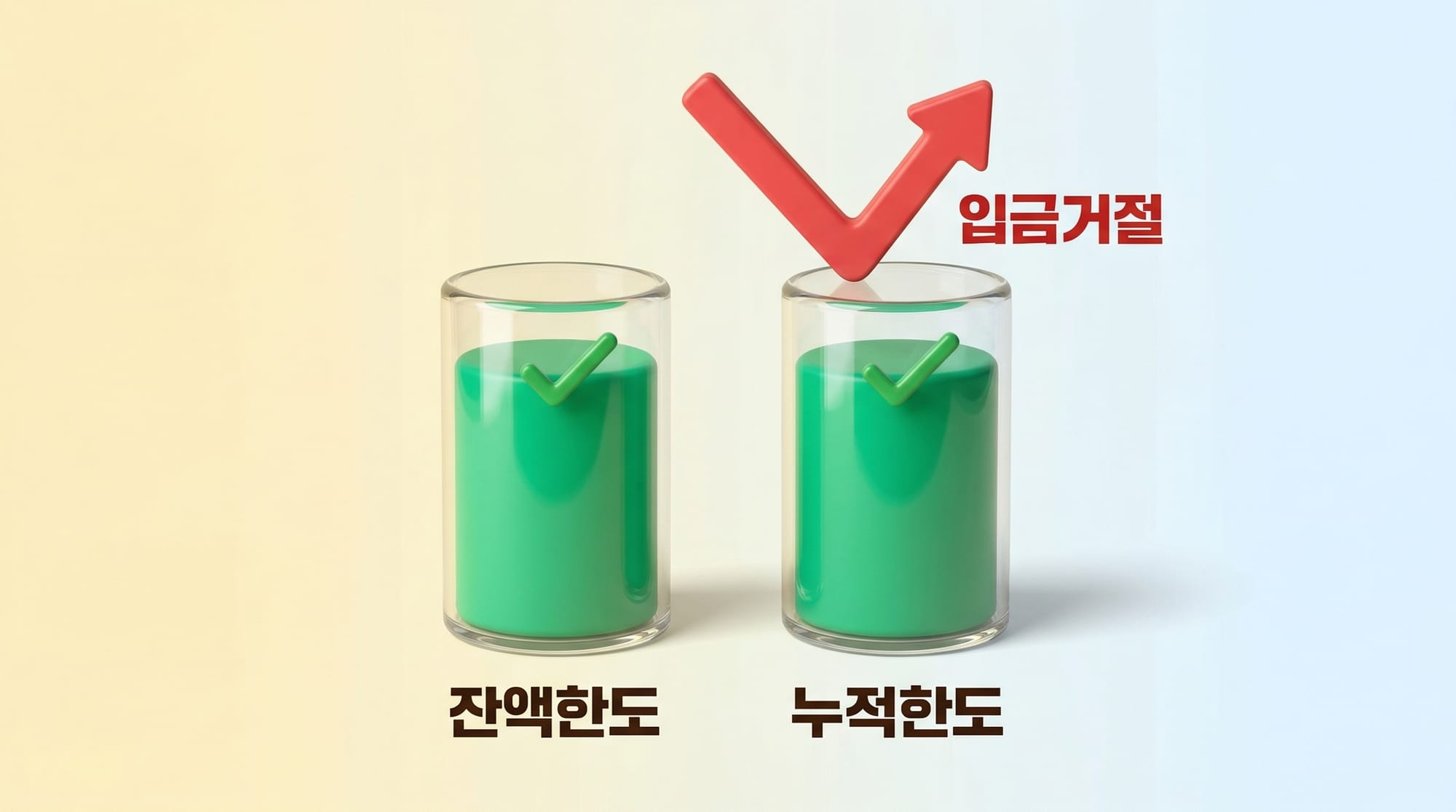 잔액 한도와 월 누적 입금 한도 이중 구조 — 두 게이지가 꽉 차면 입금이 거절되는 도식