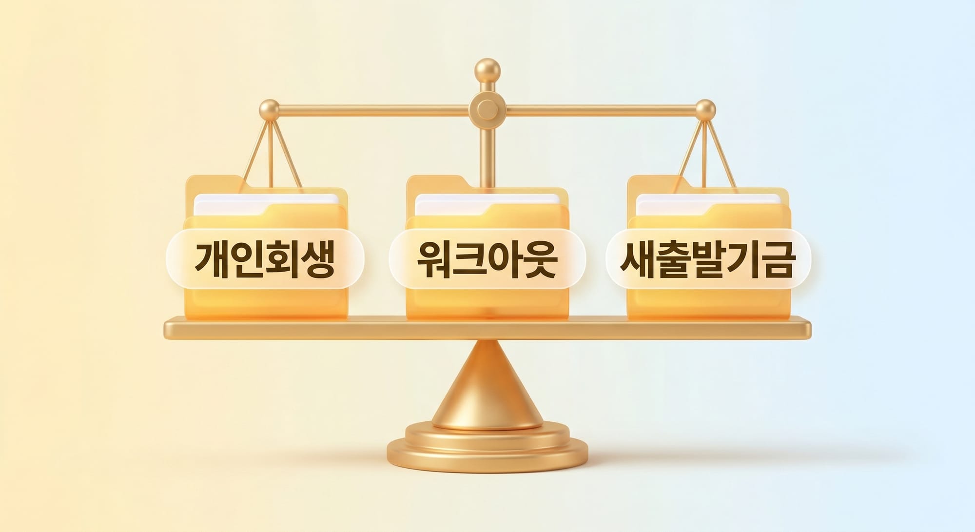 개인회생, 워크아웃, 새출발기금이 동등하게 올려져 있는 균형 잡힌 저울 3D 일러스트