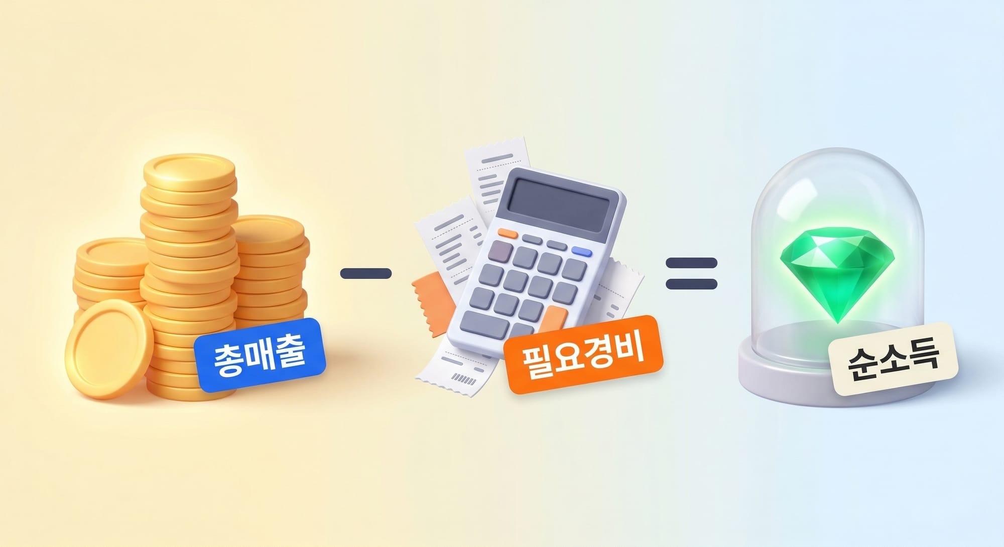 총매출에서 필요경비를 차감하여 순소득을 계산하는 과정을 보여주는 시각적 공식