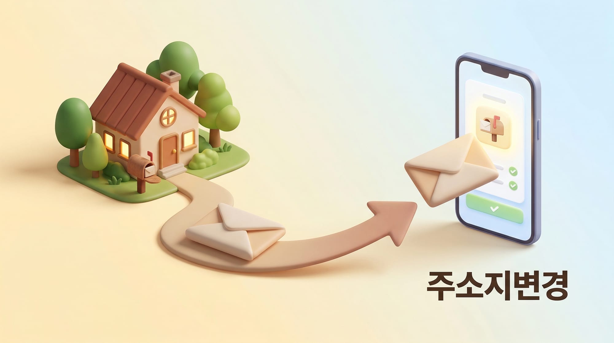 종이 우편물이 스마트폰 화면으로 방향을 바꾸는 흐름 — 전자소송과 주소지 변경 안내