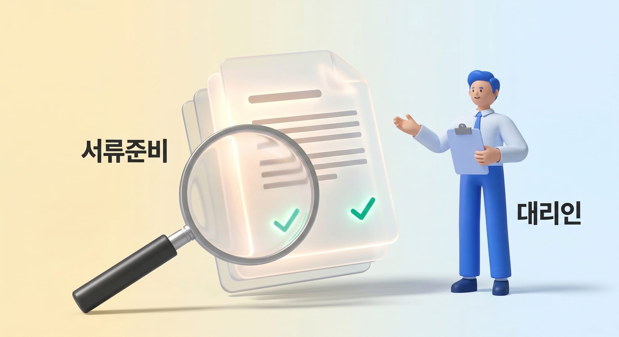 서류 준비와 대리인 선택을 상징하는 글래스모피즘 3D 일러스트