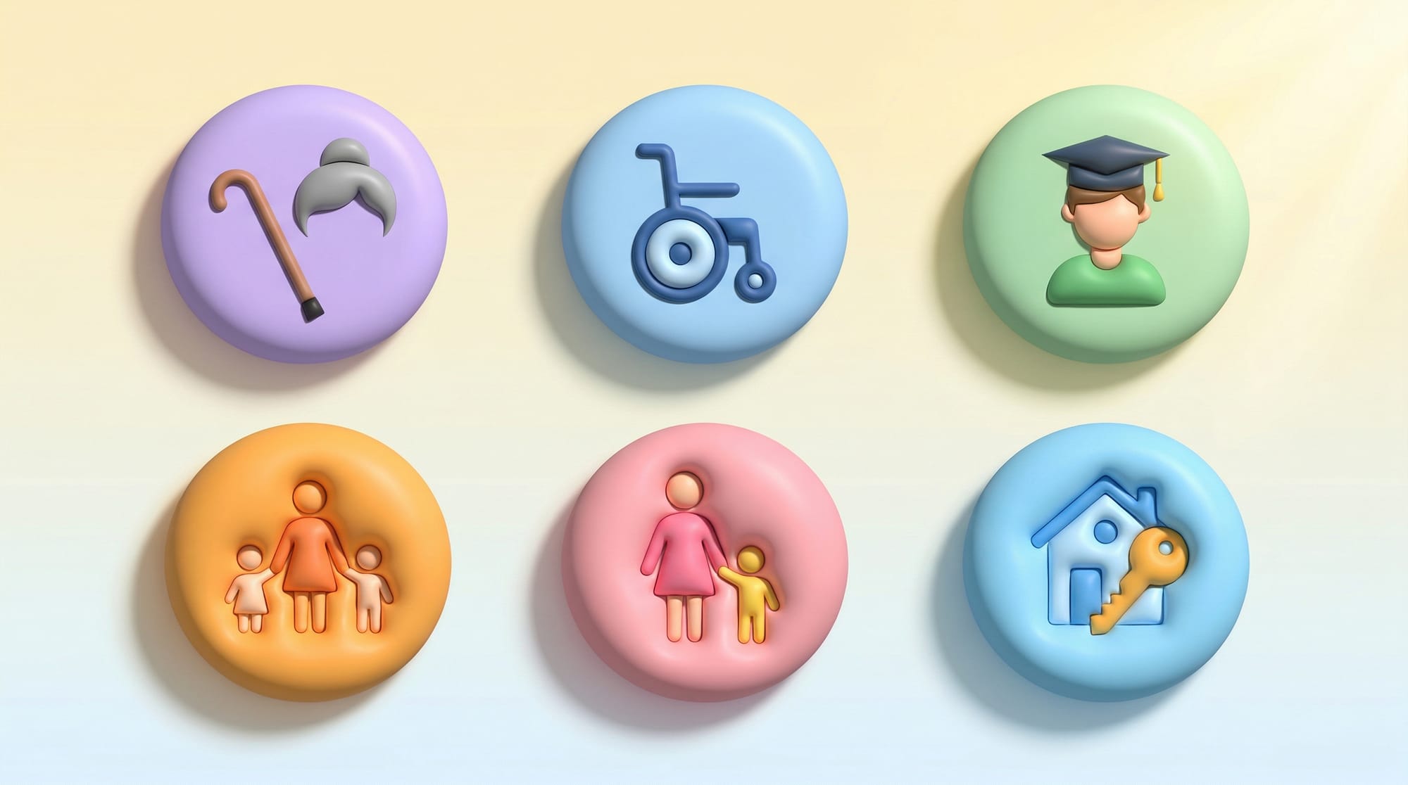 사회적 배려 대상자 6가지 특례 그리드: 고령자, 장애인, 청년, 다자녀, 한부모, 전세사기 피해자