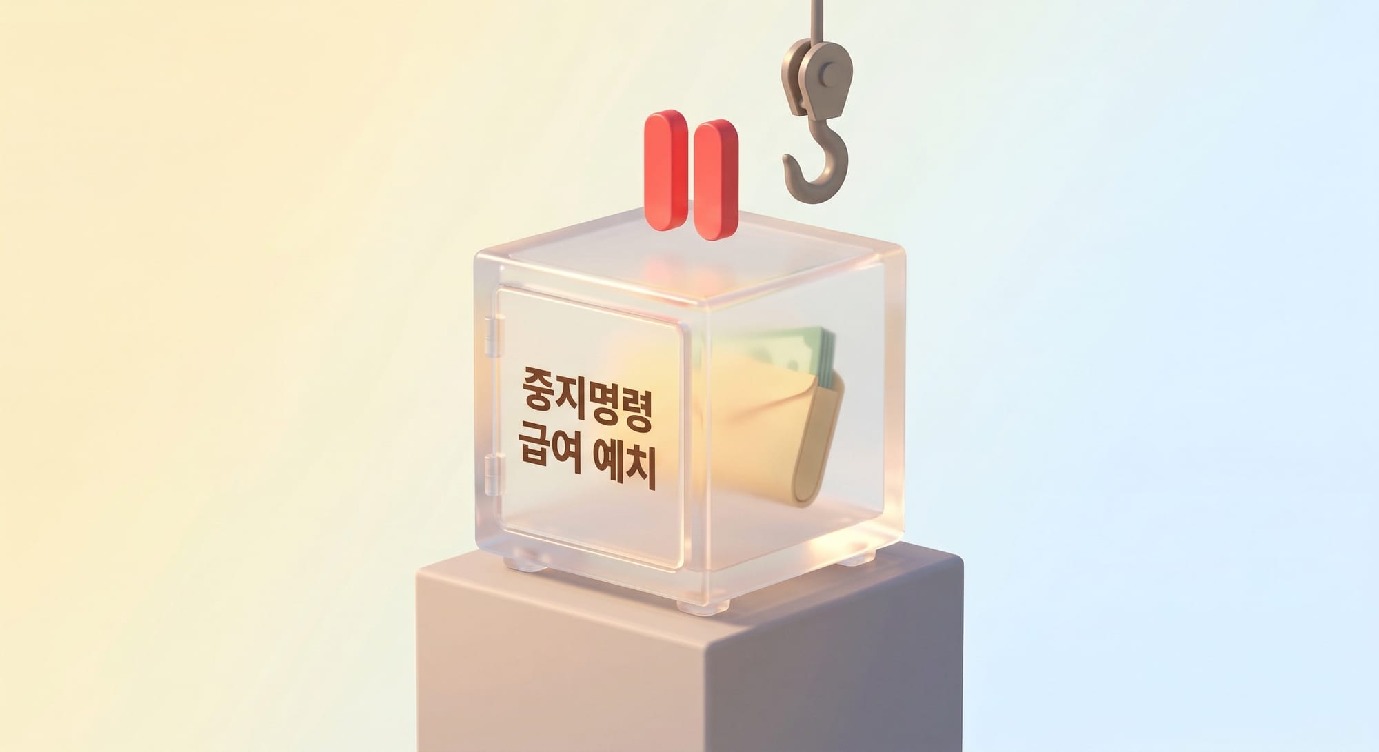 중지명령으로 추심이 차단되고 급여가 제3 계좌에 예치되는 상황을 표현한 3D 일러스트