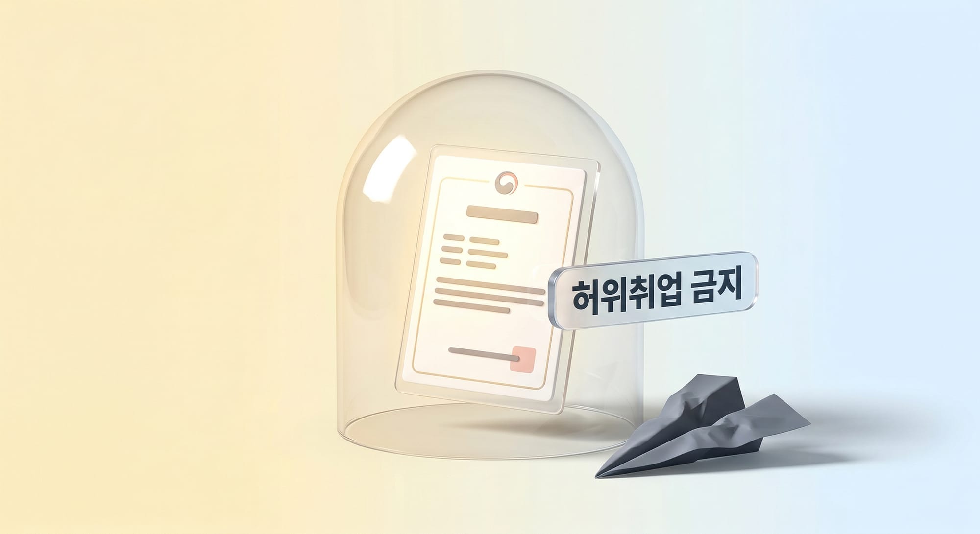 허위 취업 금지를 강조하는 보호된 문서와 버려진 종이비행기 3D 일러스트