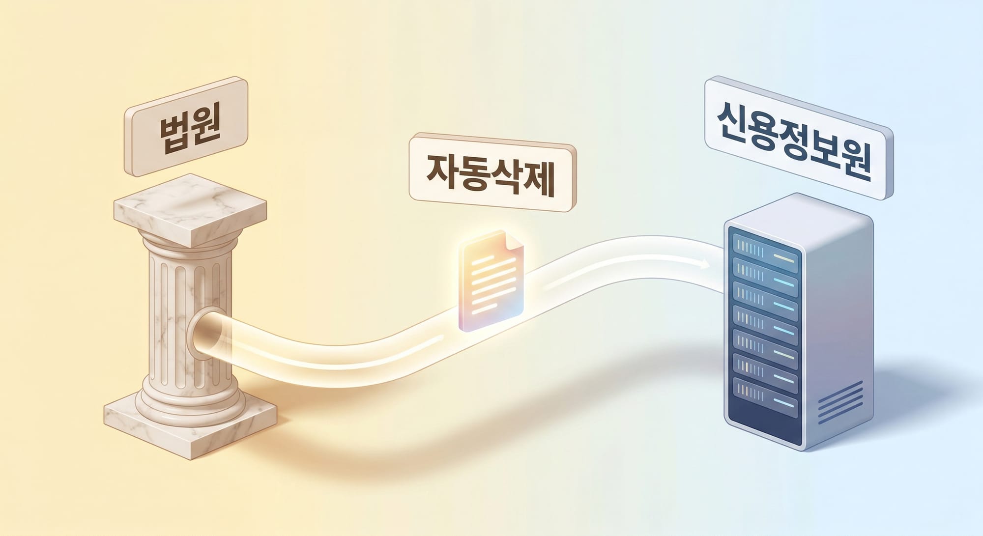 법원에서 신용정보원으로 데이터가 자동으로 전송되는 과정을 표현한 3D 일러스트