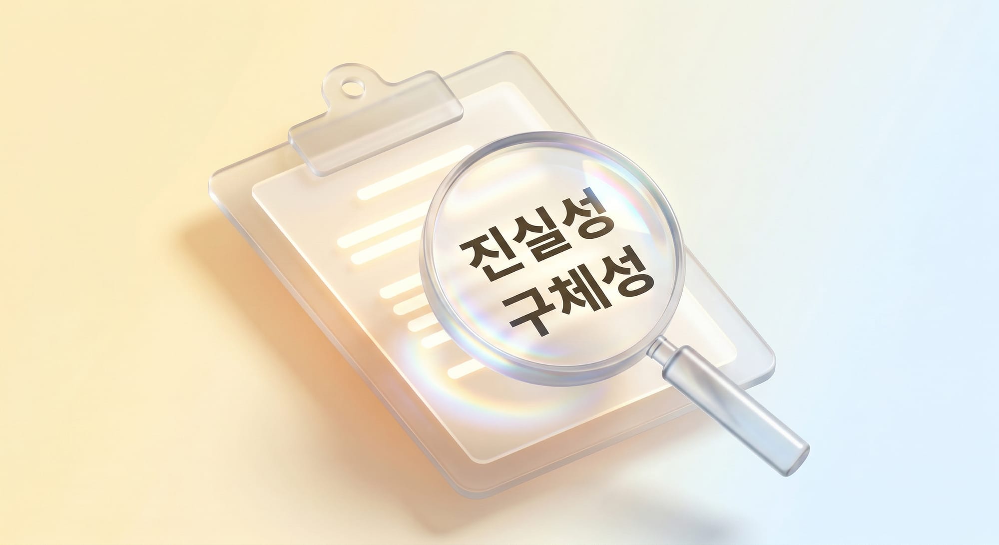 투명한 유리 질감의 클립보드 위 문서와 핵심 키워드를 비추는 돋보기
