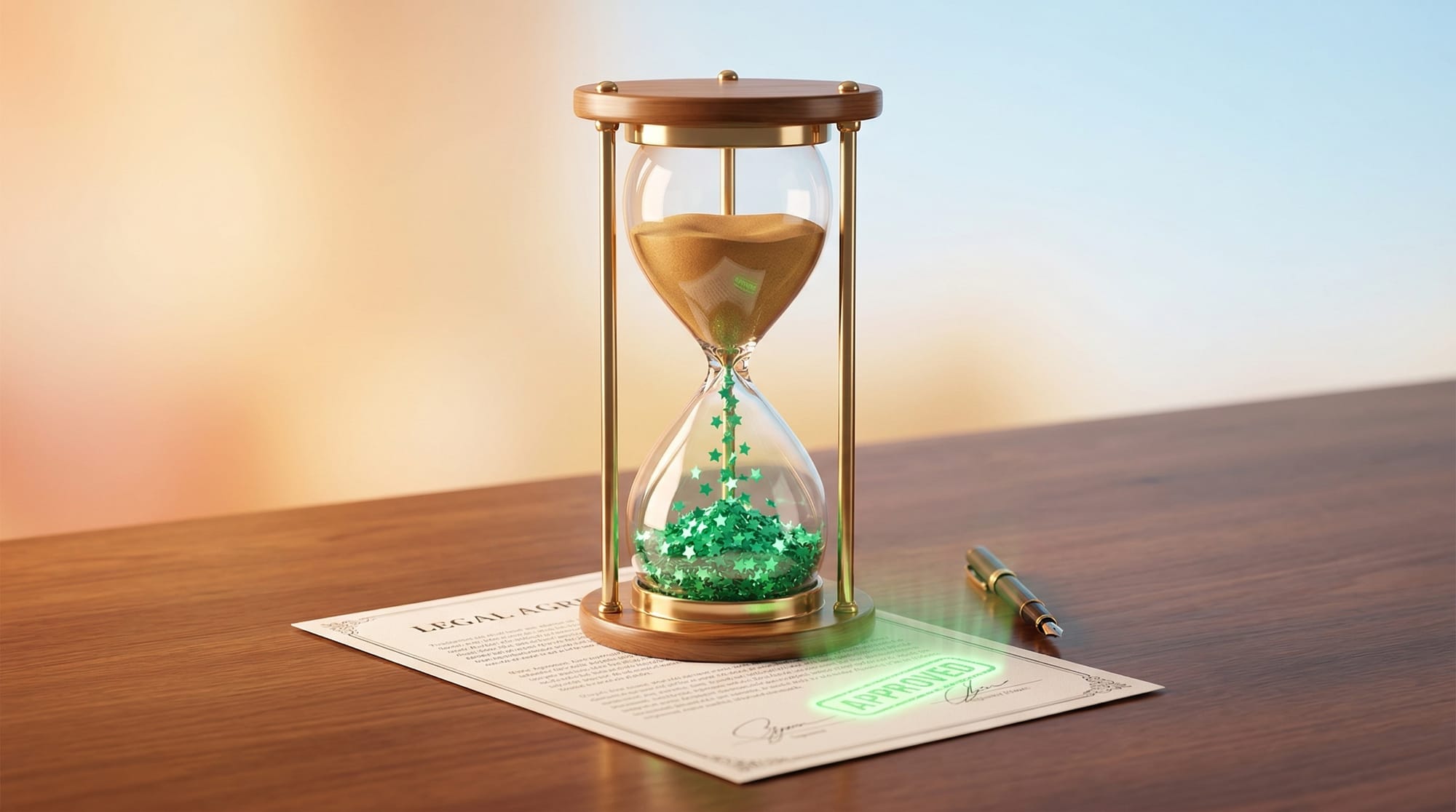 시간의 흐름과 성공적인 개시결정을 상징하는 모래시계와 서류