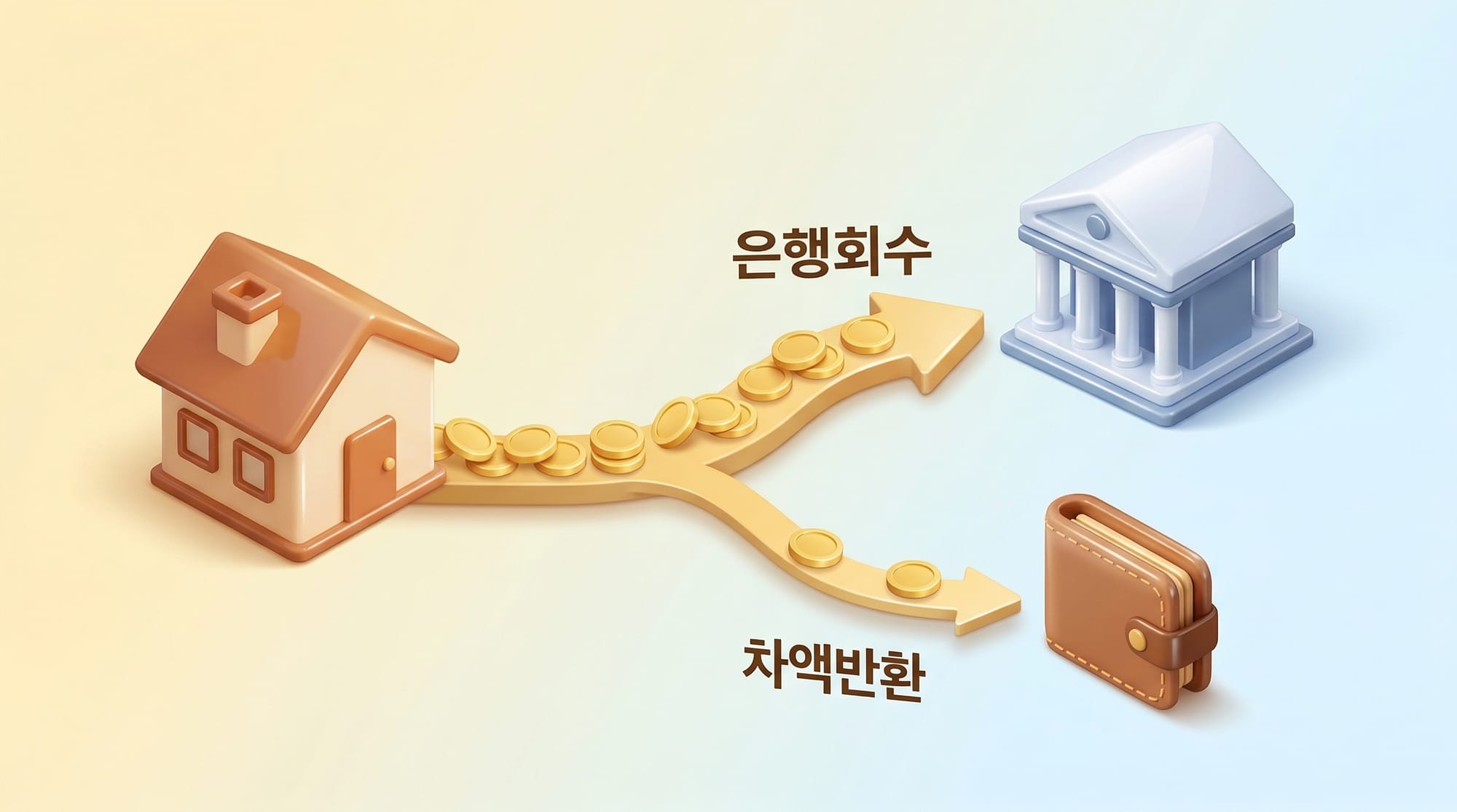 만기 시 보증금에서 은행 대출금이 먼저 회수되고 차액이 세입자에게 반환되는 흐름도