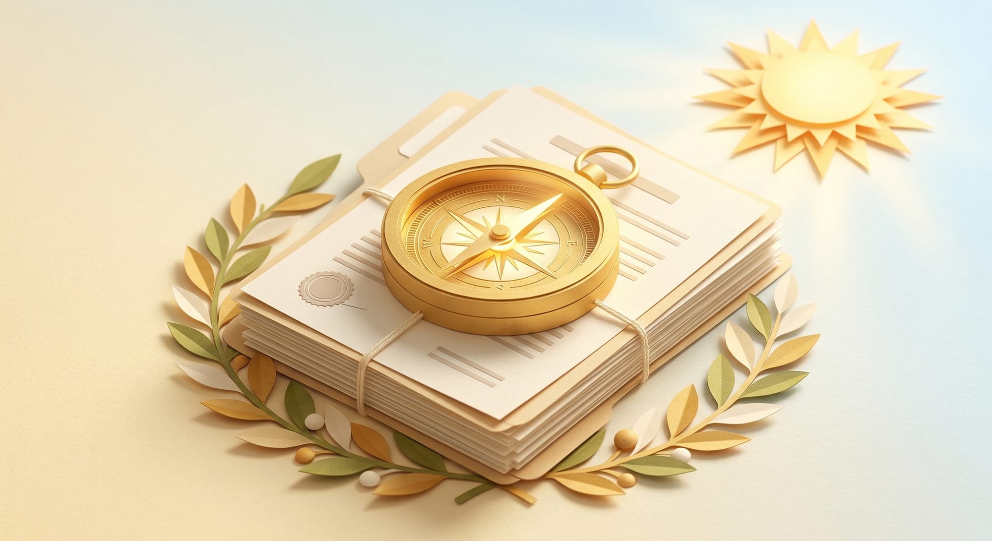 복잡한 법률 서류 위에서 올바른 방향을 가리키는 나침반과 희망찬 빛