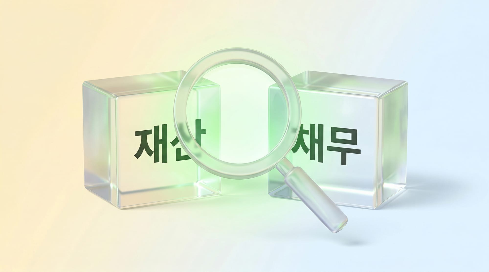 투명한 돋보기를 통해 재산과 채무가 숨김없이 드러나는 모습을 표현한 글라스모피즘 3D 일러스트